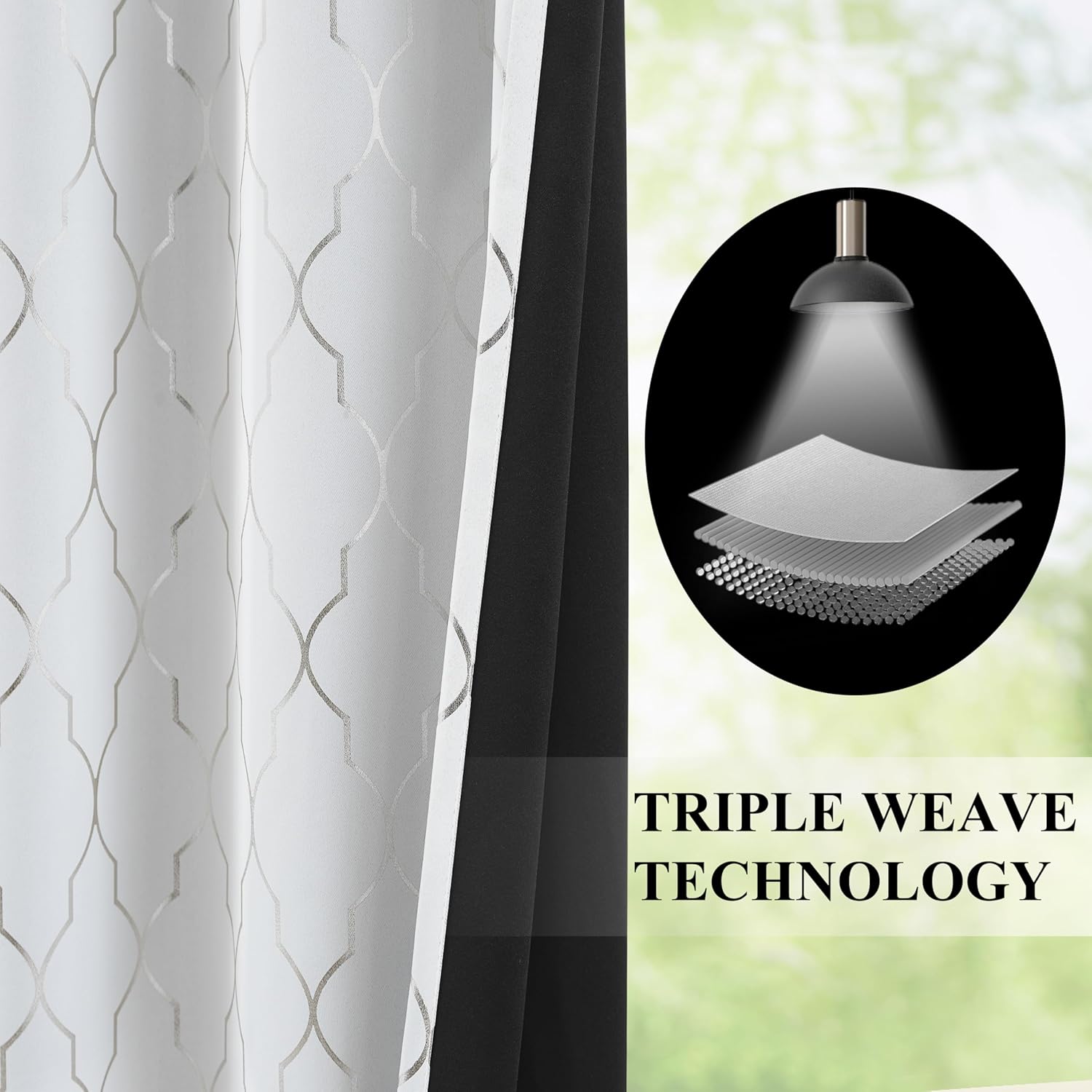 ZJDECOR Full Blackout Grommet Curtains for Bedroom 90 Inches Long,Silver Geo Pattern on White Light Blocking Drapes,Triple Weave Fabric,Moroccan Window Treatment,White/Silver,52" Wx90 L(Pack of 2)