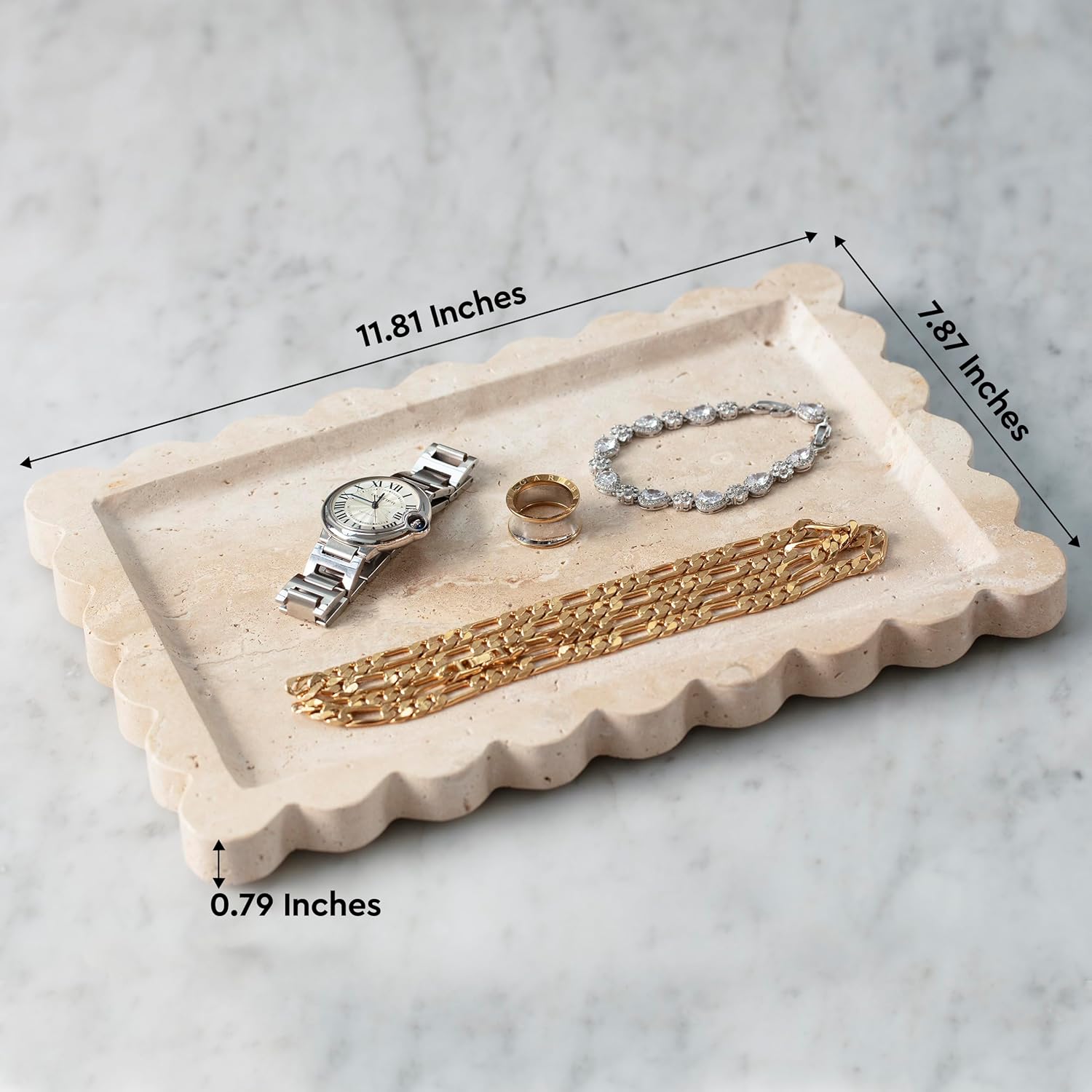 Natural Rectangular Travertine Tray with Scalloped Edge, Multi-Purpose Marble Tray for Kitchen Counter, Bathroom, Vanity, Dresser (Beige Travertine, 7.87"x11.81")