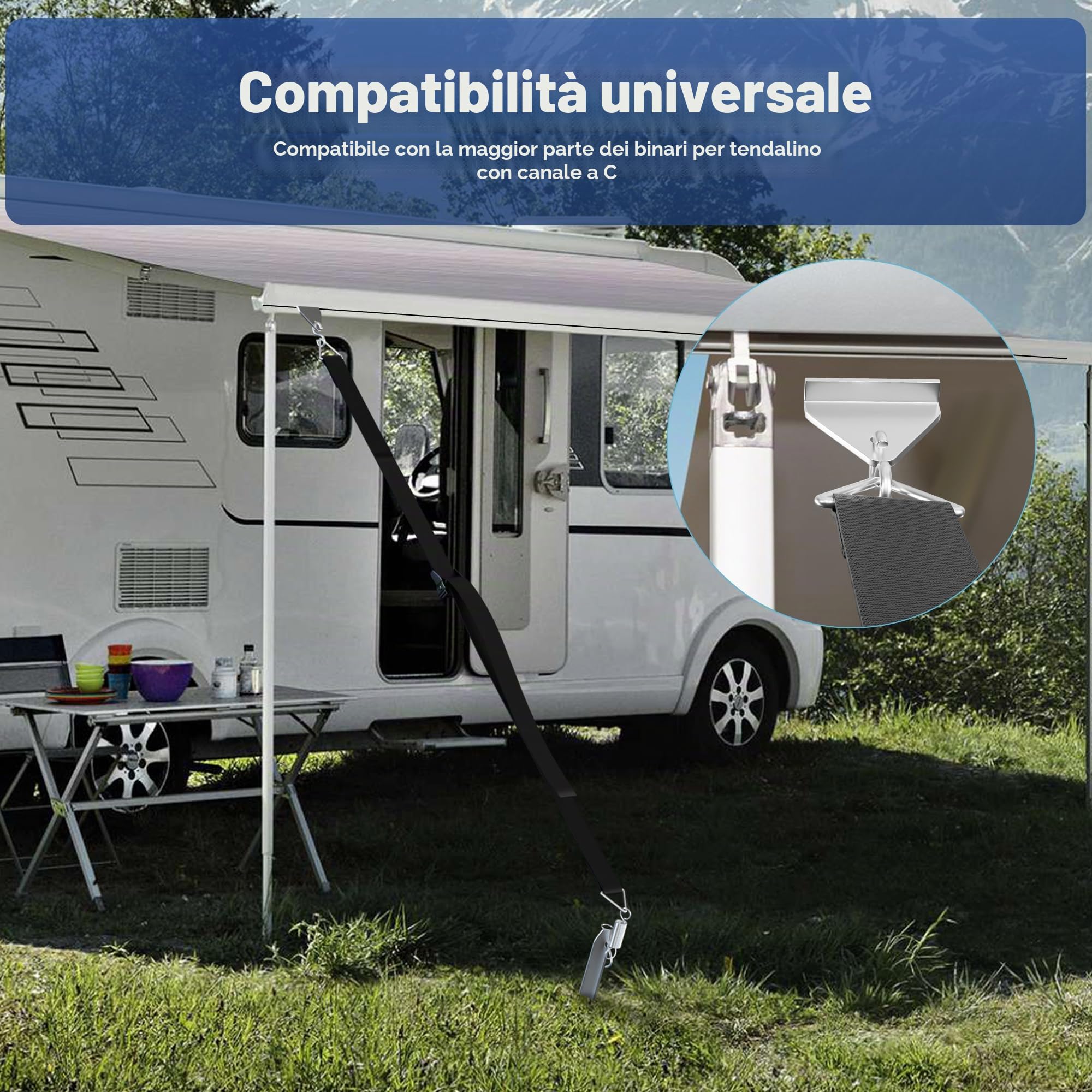Storm Strap Set per Canale a C per tende da campeggio, Kit di fissaggio tenda da sole, Kit di fissaggio laterale tenda da sole RV per Fiamma/Thule Omnistor/Altri tenda da sole Binario C Canale