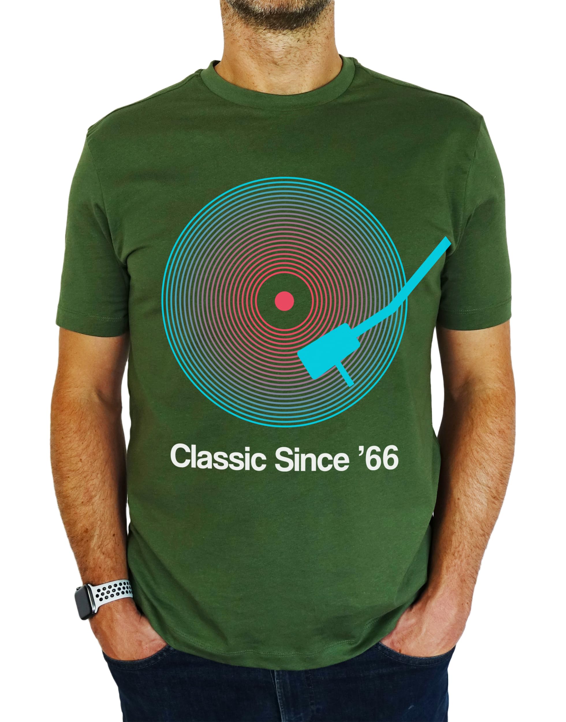 My Generation Gifts Men's Earthy Green 1966 Vinyl Record Neon - Classic Since - 60Th Birthday Gift | Present T-Shirt Xl