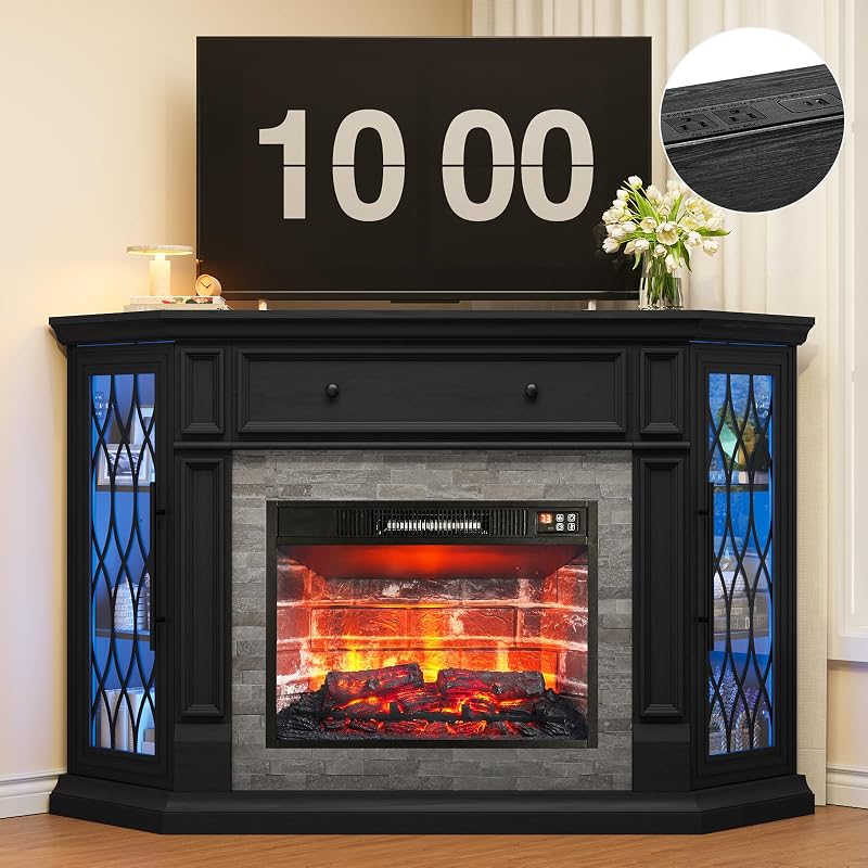 Naice 56" Corner Fireplace TV Stand for 65-Inch TVs with Storage, Black