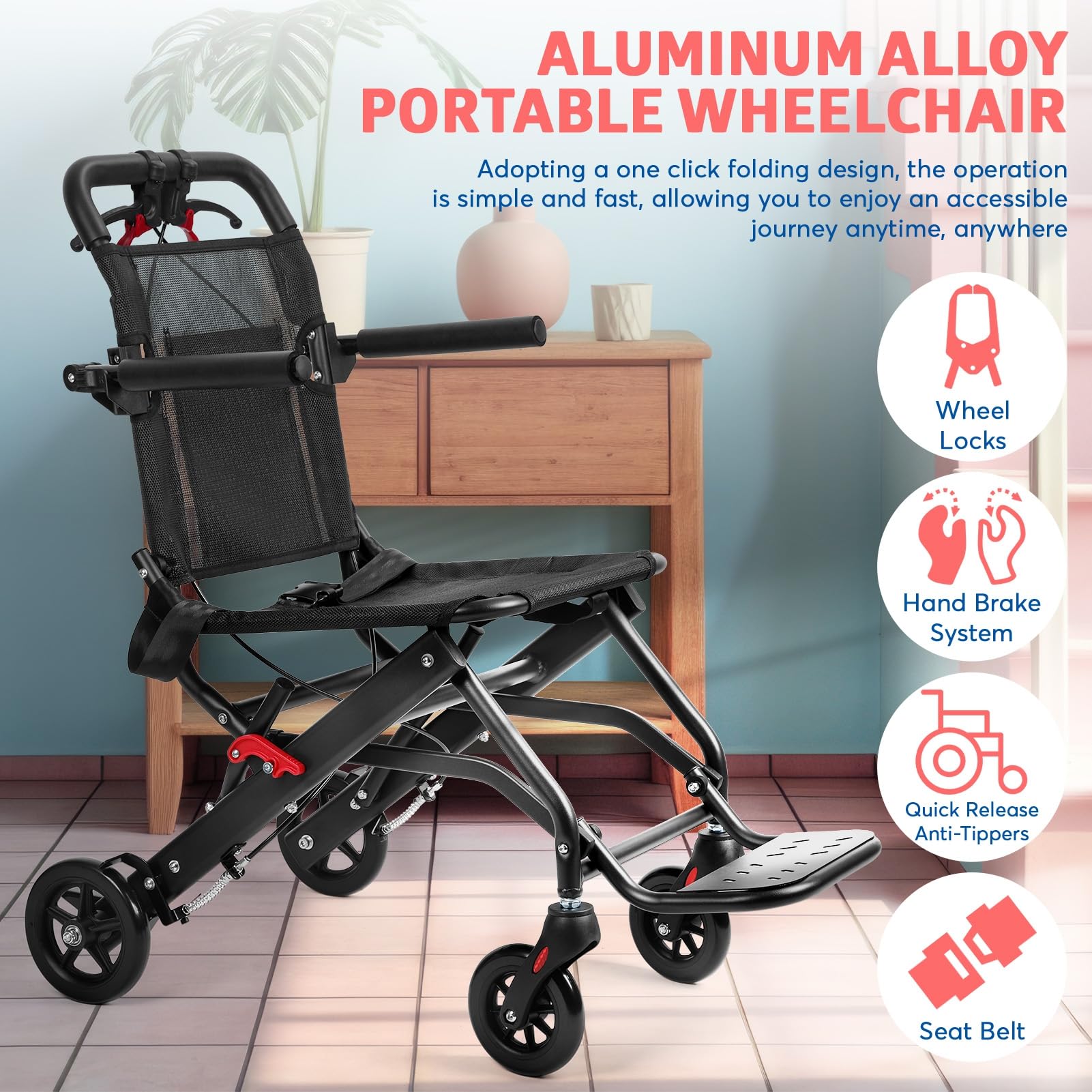 Wózek inwalidzki transportowy dla seniorów, przenośny składany wózek inwalidzki lekki (tylko 5,9 kg) z wysokim paskiem bezpieczeństwa torba projektowa dla dorosłych niepełnosprawnych krzesła dla osób