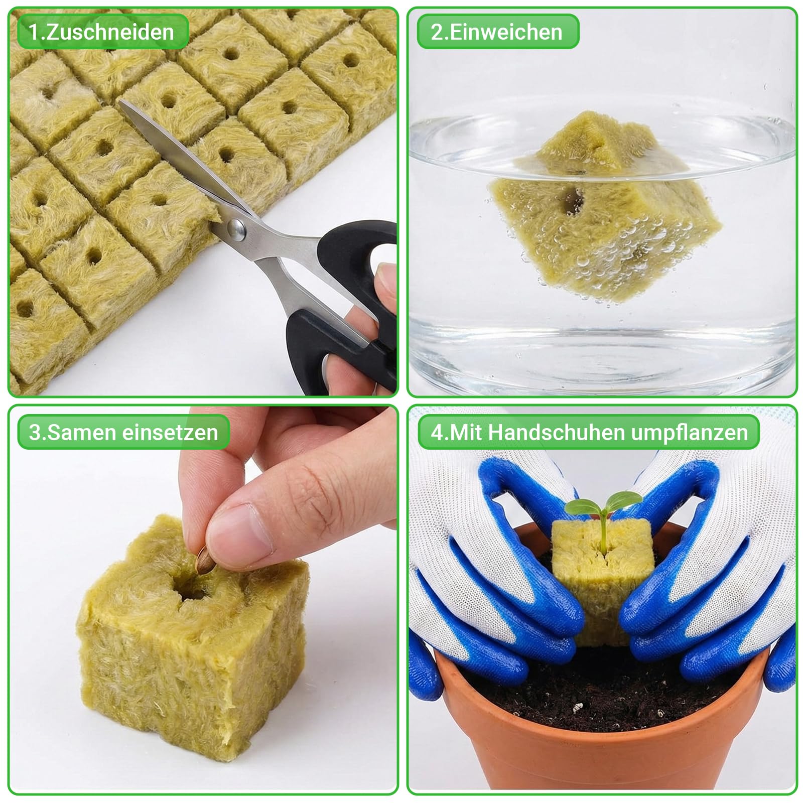 100 sztuk wełny mineralnej, 25 x 25 x 25 mm, Rockwool Cube z nożyczkami, rękawice, Easy Plug kostki do uprawy wełny kamiennej, zestaw do uprawy sadzonek, sadzonek, bezdennych