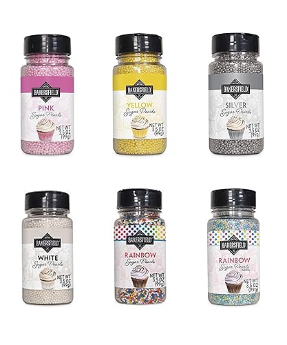 Juego de 6 colores amarillo, arco iris pastel, arco iris colorido, blanco, plateado y rosa. Bakersfield Special Baking Sugar Pearls 3.5 Oz