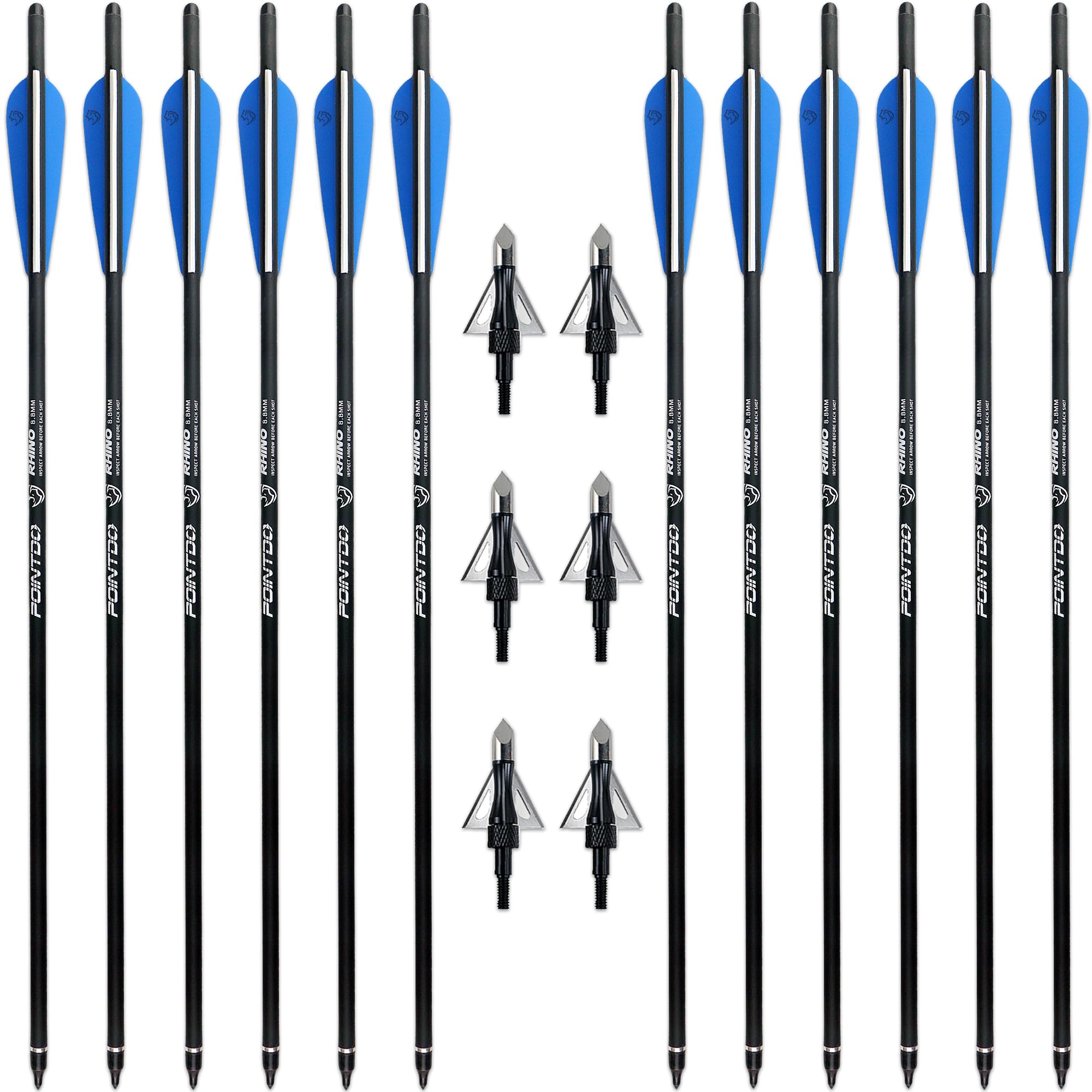 20inch Carbon Crossbow Bolts Crossbow Hunting Arrows with 4" Vanes and Replaced Arrowhead/Tip (12 Pack) (Blue White&Broadheads)
