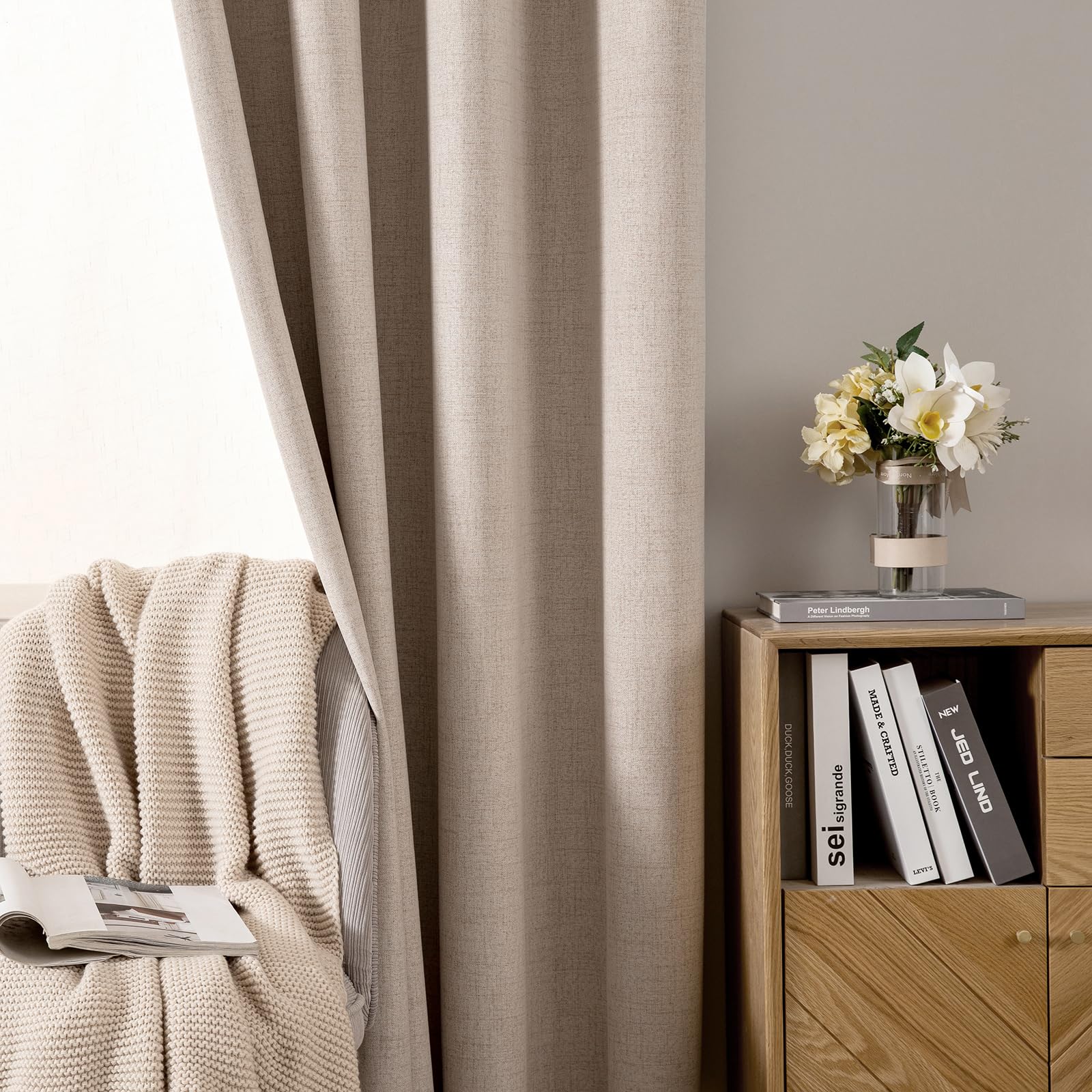 MIULEE Tende oscuranti con occhielli, effetto lino, set da 2 pezzi, 280 x 140 cm, beige, opache, con occhielli, protezione dal freddo, per soggiorno, camera da letto, isolamento termico