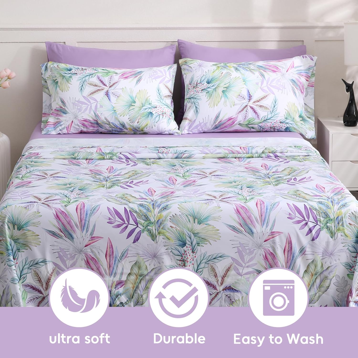 LONAVA Floral Queen Size Bed Sheet Set, 6 Piece, Deep Pocket Taro Purple Fitted Sheet, Comfy & Breathable Patterned Flat Sheets, Premium Microfiber, Tropical Botanical Verdure Printed - Image 5