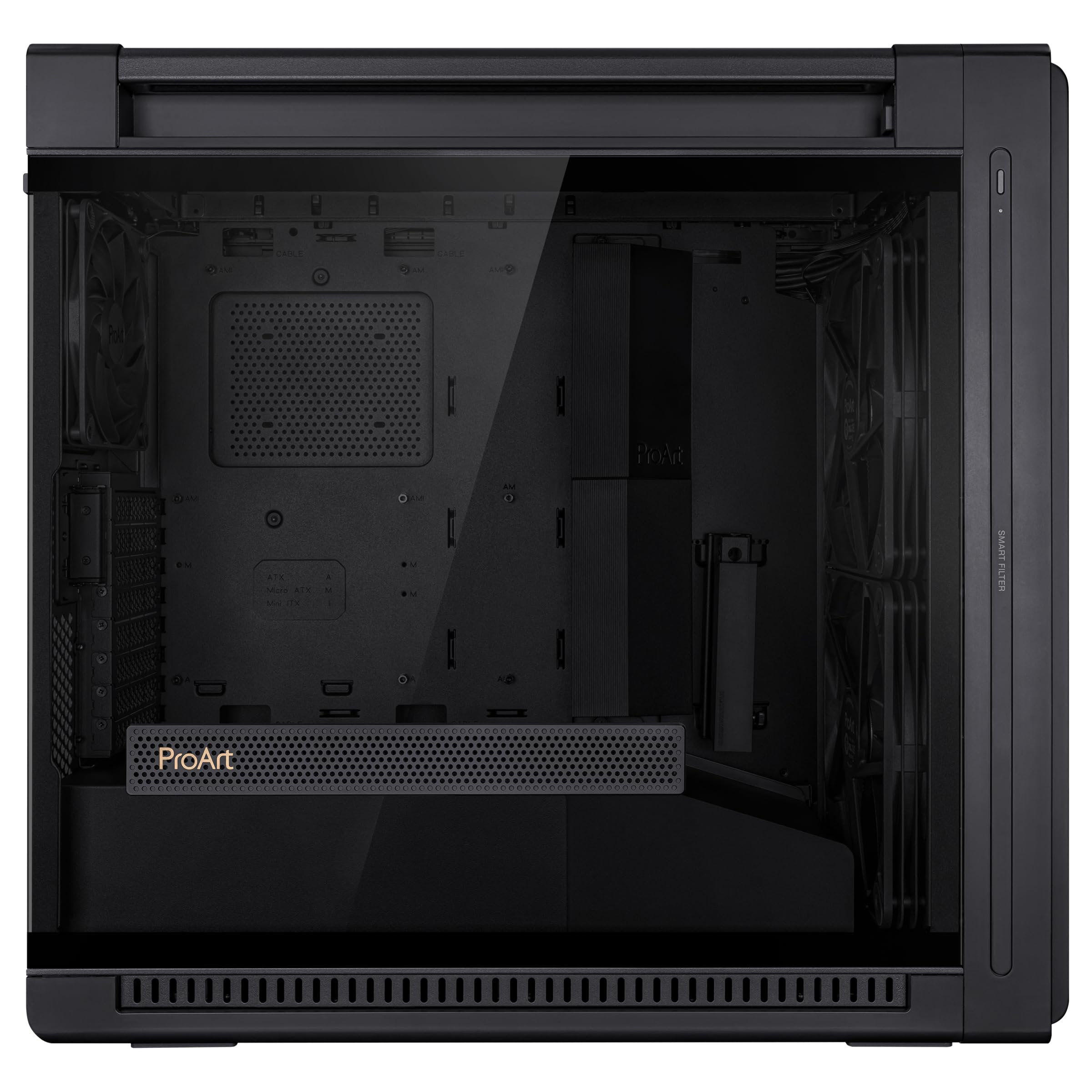 ASUS PROART PA602 TG PWM BLACK Case Gaming E-ATX, obudowa ze szkła hartowanego, uchwyt do radiatora 420 mm, wentylatory 140 mm i 200 mm, czujnik pyłu na podczerwień, boczny wylot powietrza, czarny
