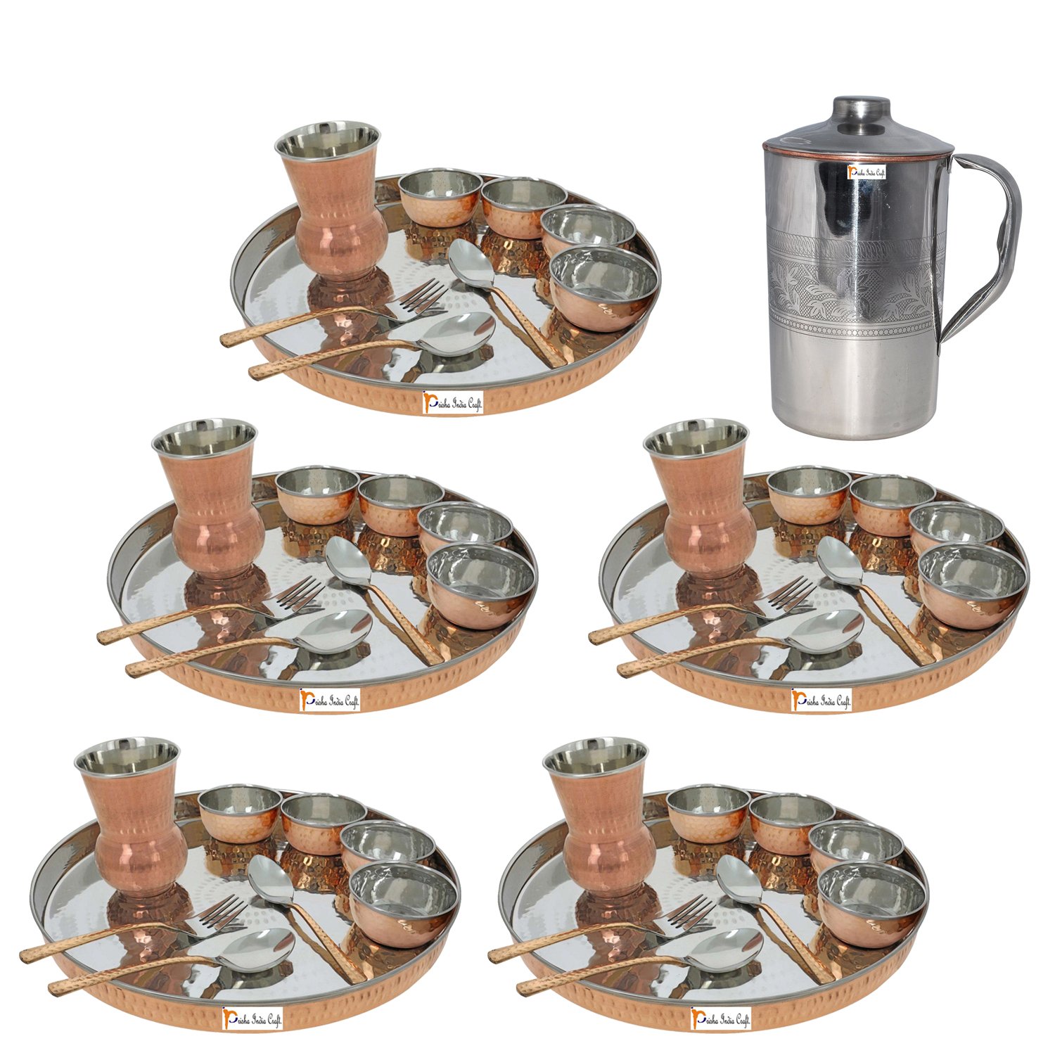 Prisha India Craft Copper Stainless Steel Large Dinner Plate Thali Set Dinnerware - Copper Dinner Set Online India - 5 Thali Set, 1 Jug