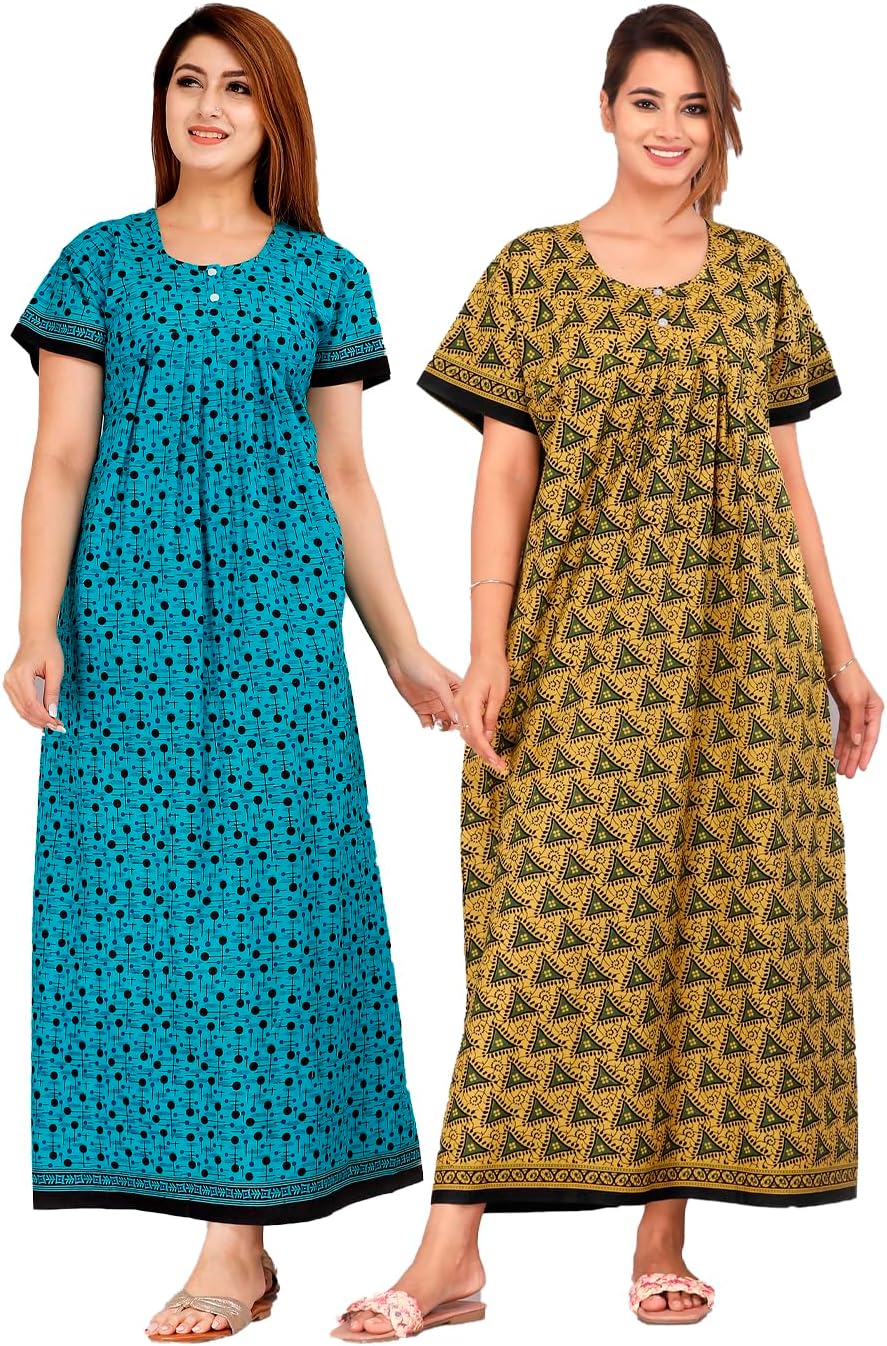 MoniqueBrand 100% Cotton Nighty Combo Pack of 2 for Women Floor Length XXL Free Size Maxi Gown Multi-Color
