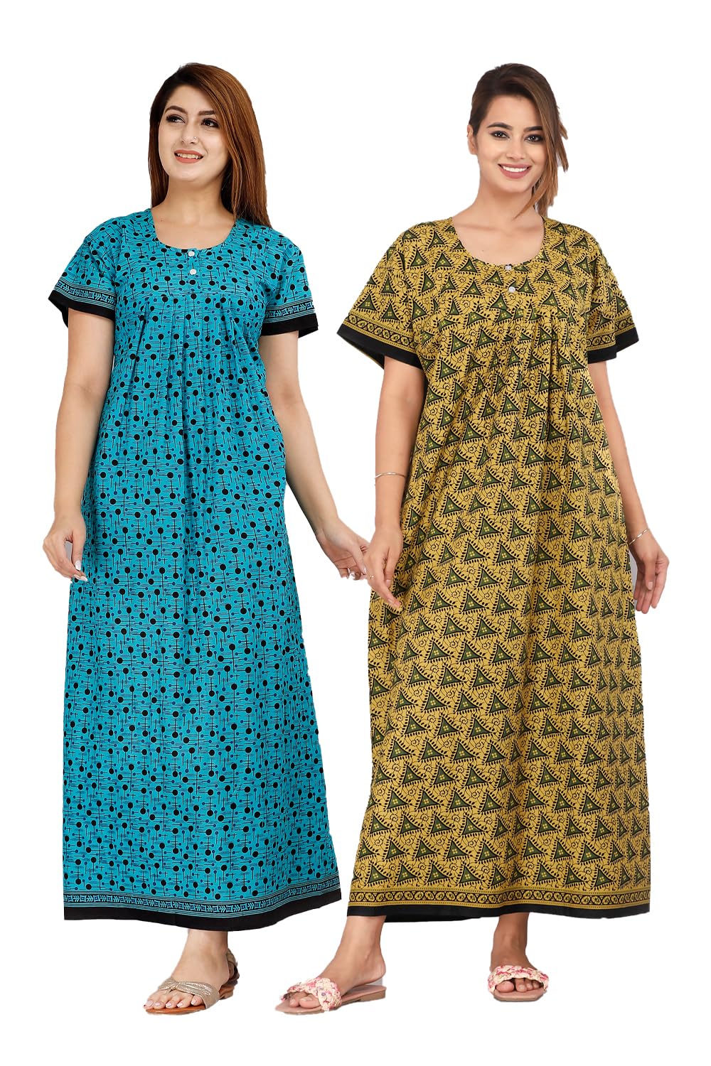 MoniqueBrand 100% Cotton Nighty Combo Pack of 2 for Women Floor Length XXL Free Size Maxi Gown Multi-Color