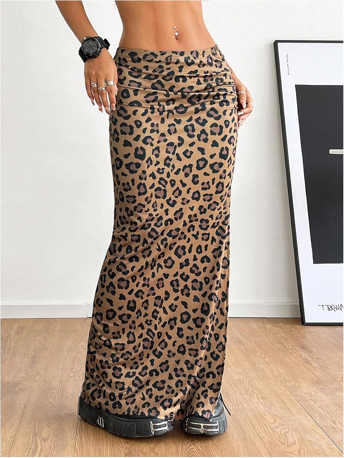 GORGLITTER Women's Y2k Leopard Cheetah Print Maxi Skirt Slit Thigh Bodycon Long Skirts 2025 - Image 5