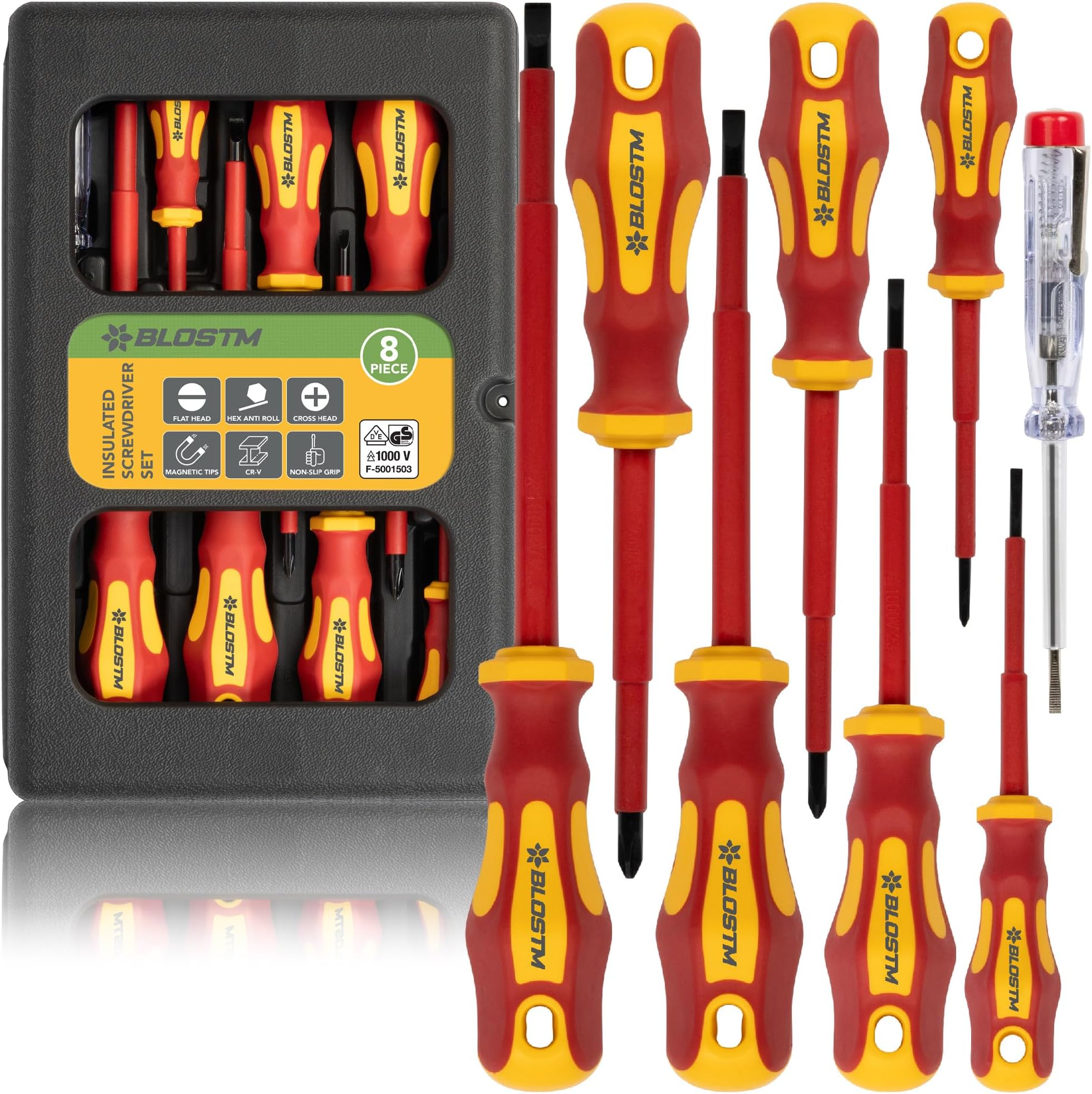 BLOSTM Insulated Screwdriver Set - 8pcs VDE Tested Electrical Screwdriver Set to 1000V, Hardened Black Point Magnetic Tipped Electricians Screwdriver Set with Anti-Roll Design - Storage Case Included