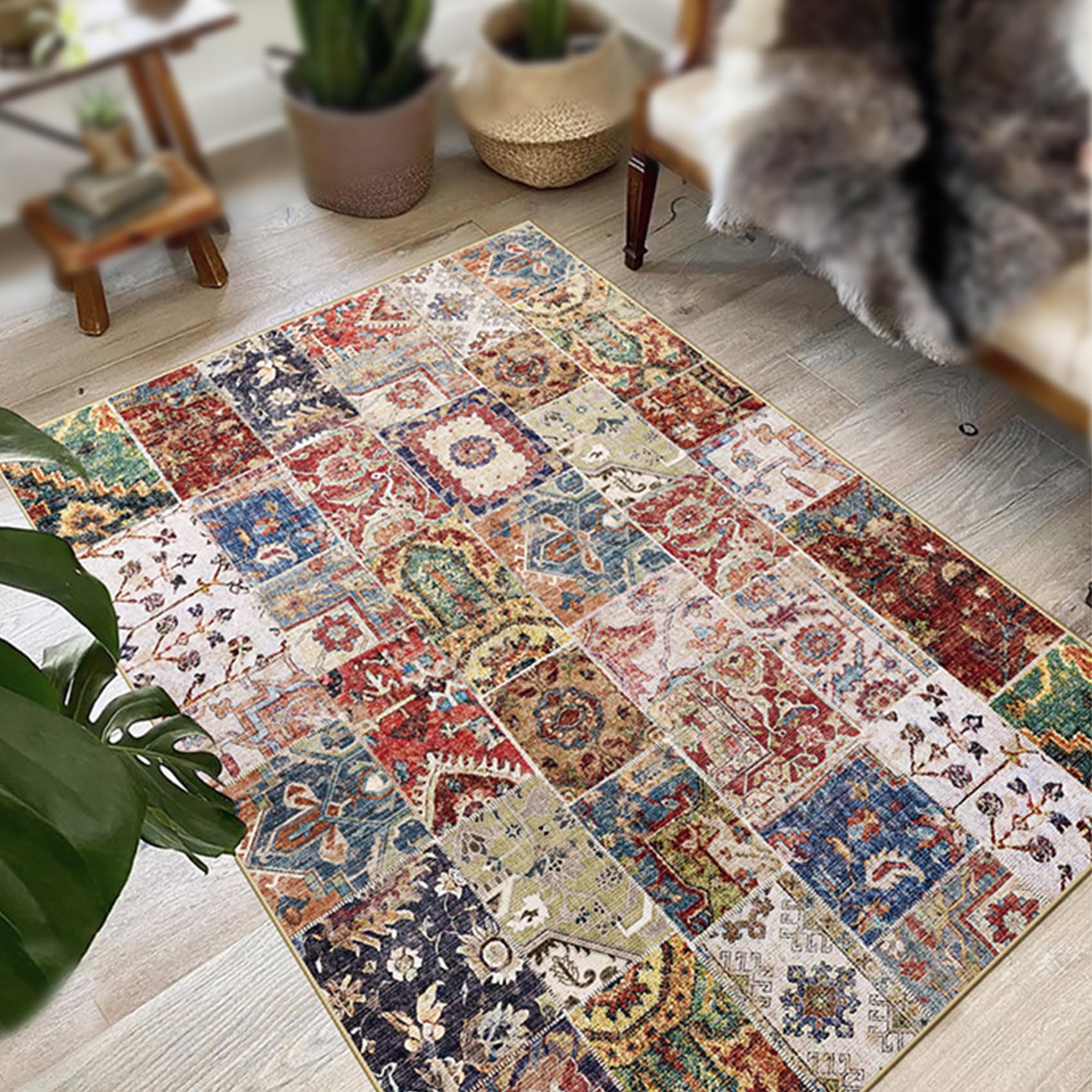 Tapis chambre adulte et salle à manger multicolore rouge et bleu