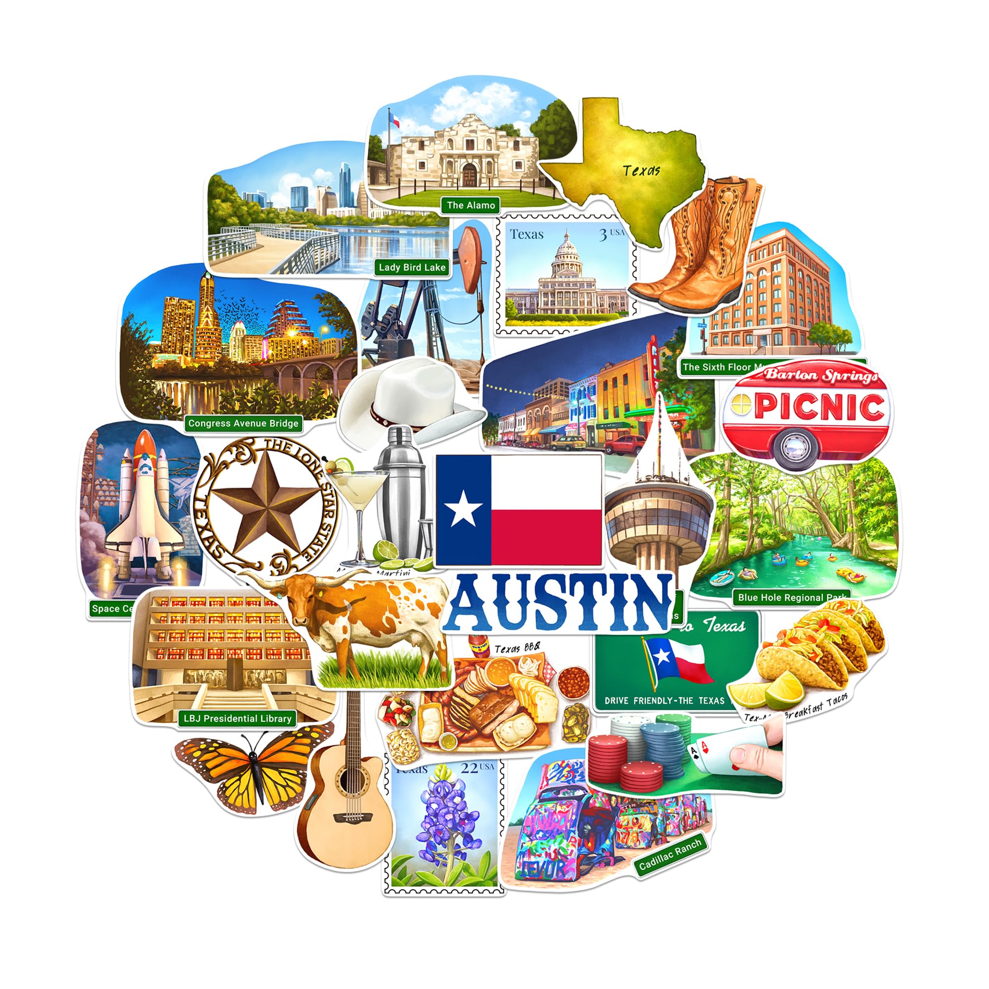 Navy Peony Thrilling Texas State Travel Stickers (28 pcs) - Watercolor, Texan, America-Themed Vacation Decals for Scrapbooking, Journals, Laptop