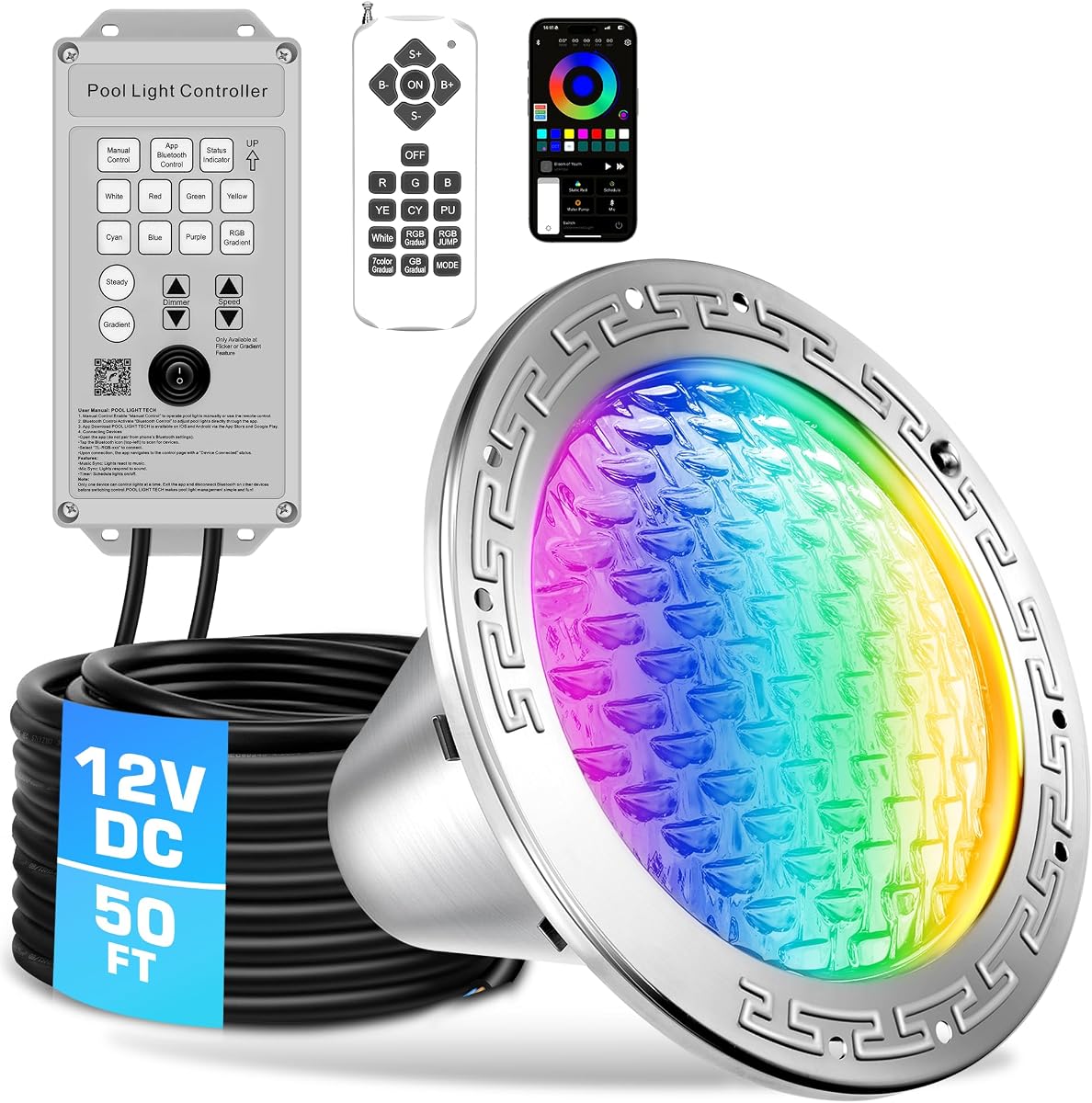 CAtArt 10 Inch LED Pool Lights for Inground Pool,12V DC RGBW Color Changing | Controller,Remote and APP Control,35W LED,Bulb Replaceable,Fit for 10" Large Wet Niches,IP68 Waterproof,50ft Cord