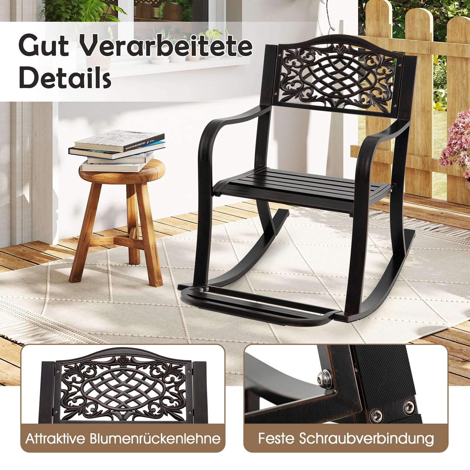 COSTWAY Schaukelstuhl mit Fußstütze, Schaukelsessel aus Aluminiumguss, Relaxstuhl, Schwingsessel, Gartenstuhl für Garten, Terrasse, Balkon