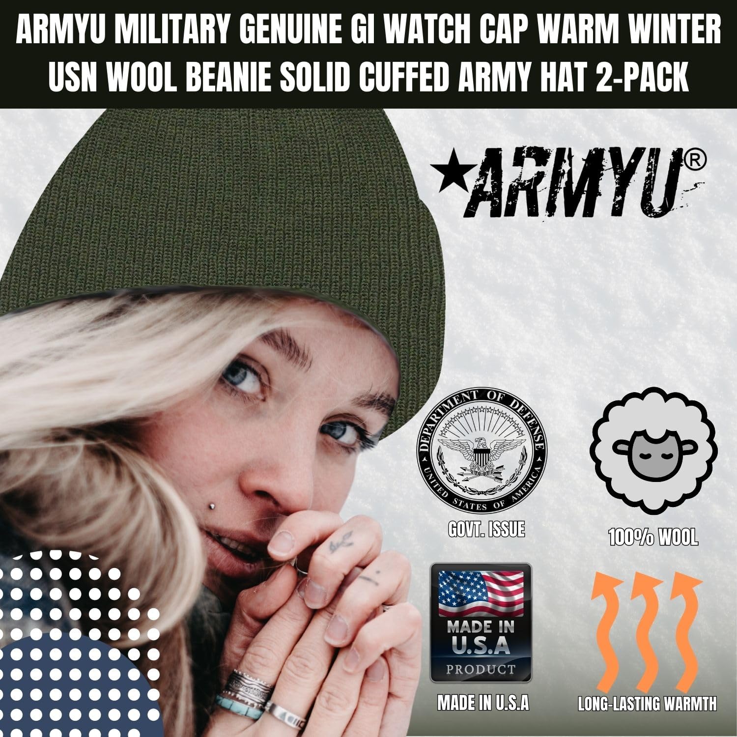 ARMYU Military Genuine GI Watch Cap Warm Winter USN Wool Beanie Solid Cuffed Army Hat (Navy Blue - 2 Pack)