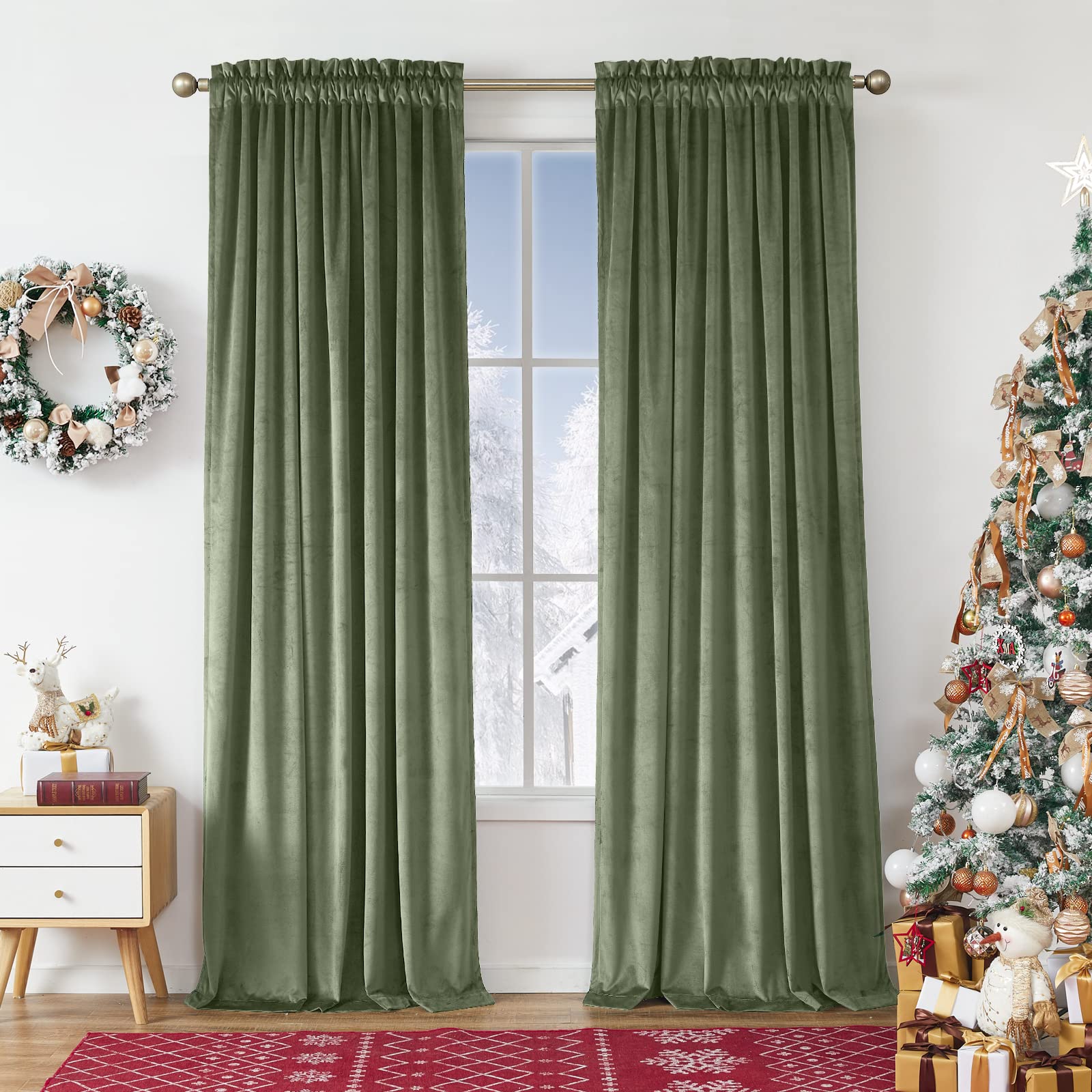 Lazzzy Blackout Velvet Curtains Green 84 inch Thermal Insulated Drapes for Dinning Room Darkening Window Treatment Rod Pocket Home Decor Living Room Set of 2 Panels Sage Green