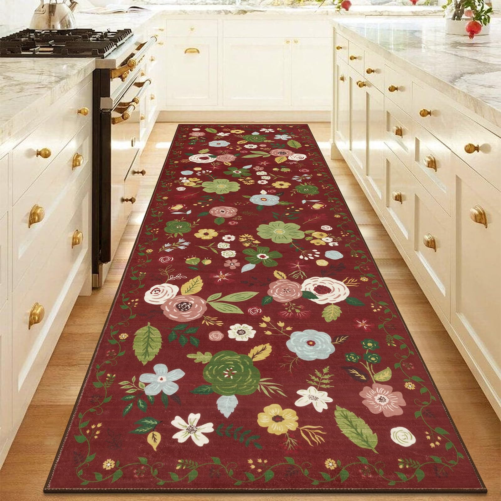U'Artlines Runner Rug for Hallways,2'6" x 8'Colorful Floral Carpet Soft Non Slip Washable Floor Carpet Runners for Entryway Laundry Room Bathroom (Red)