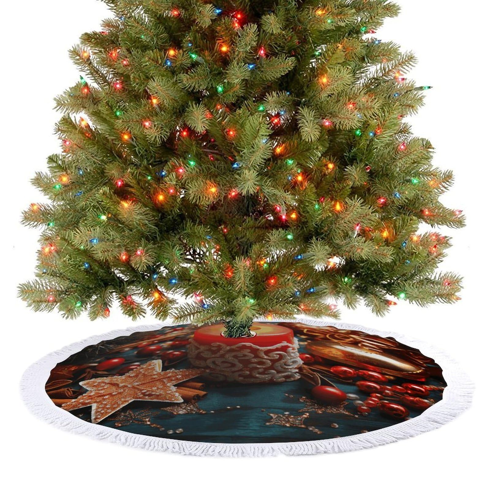 Christmas Candle Christmas Tree Skirt 48"x48" Rustic Xmas Tree Mat with Tassel Ornament Christmas Trees Cover Skirt Mat for Evergreen Trees Ornament Winter Holiday Mats Decorations