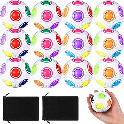12 Pack Puzzle Rainbow Fidget Cube Balls with 2 Pcs Pouchs Fidget Ball Toy for Boys and Girls Speed Cube Ball Funny Stress Reliever Ball for Kids Teen and Adults