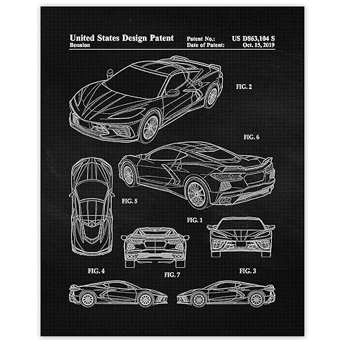 Vintage Stingray C8 Car Patent Prints, 1 (11x14) Unframed Photos, Wall Art Decor Gifts for Home Corvette Office Gears Transmission Garage Tech