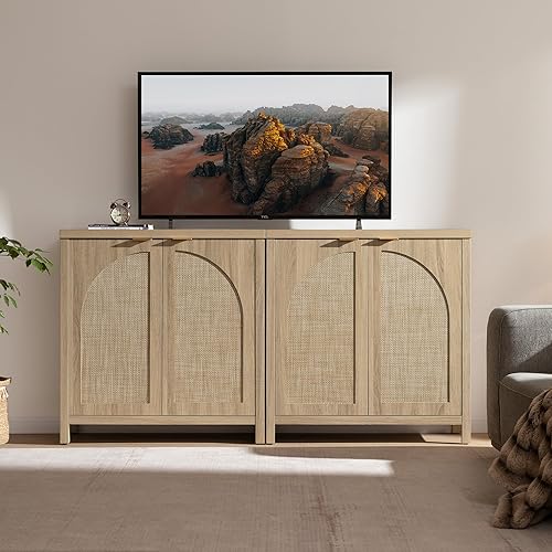 Miniatura 4 de SICOTAS Juego de 3 aparadores de ratán de 102 pulgadas de ancho, armario de almacenamiento Credenza moderno de mediados de siglo con puertas de arco