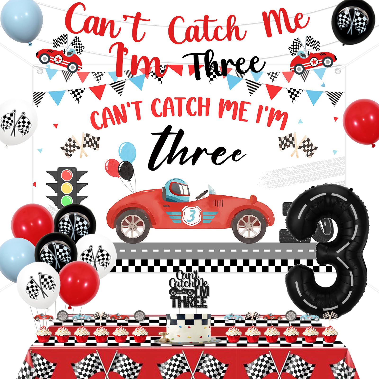 Jollyboom Race Car 3rd Birthday Decorations, Can’t Catch Me Im 3 Birthday Decorations Backdrop Banner Tablecloth Cake Cupcake Toppers Balloons for 3 Years Old Race Car Party
