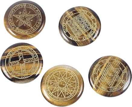 Amogeeli Tigers Eye Healing Stone Set of 5, Solomon Symbol Engraved Energy Pocket Crystal for Reiki