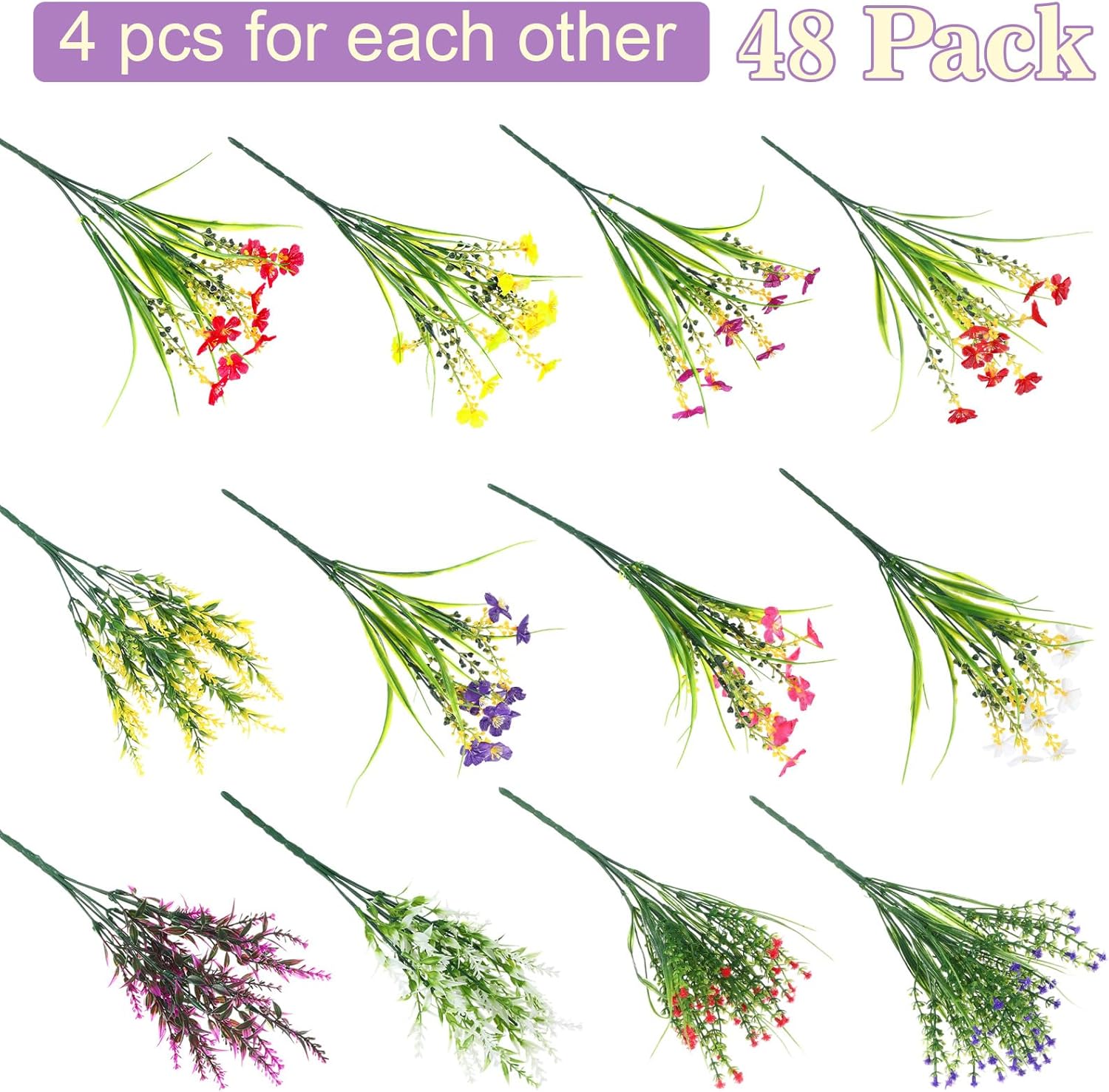 XunYee 48 Pcs Artificial Faux Flowers Outdoor Plants UV Resistant Boxwood Shrubs Artificial Wildflower Fake Plants Faux Plastic Greenery for Spring Summer Farmhouse Garden Indoor Home Decoration