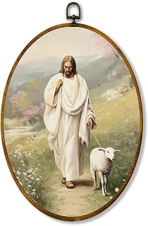 Jesus and Lamb wall art, 8.6×11.4 inches high-density canvas with pre-installed hook for easy hanging, ideal for bedroom, living room, study, Christian paintings wall decor, and a gift for art lovers.