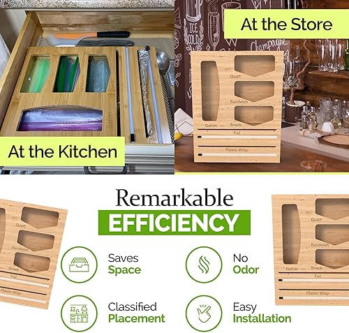 Miniatura 7 de Organizador de cajones de bambú para bolsas Ziplock, organizador de papel de aluminio y plástico, bolsa de preparación de comidas para paquete de