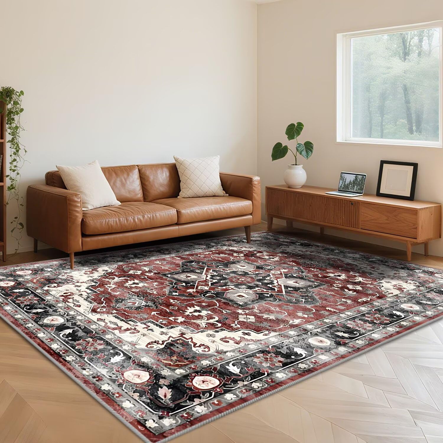 Tapis de salon rouge lavable et doux au style rétro pour une chambre chaleureuse