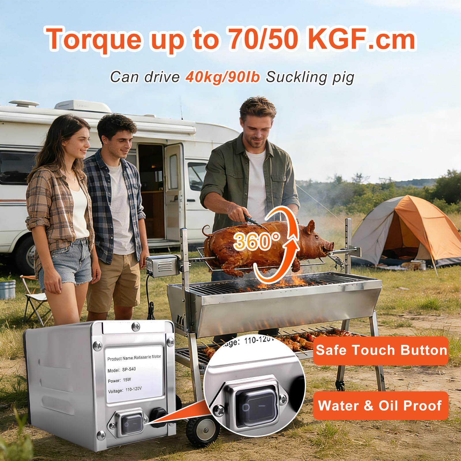 Moteur de rôtissoire 15 W – Moteur de rôtissoire pour barbecue jusqu'à 40 kg, broche de rechange universelle robuste pour rôtissoire de porc/chèvre/poulet, barbecue en plein air, camping et