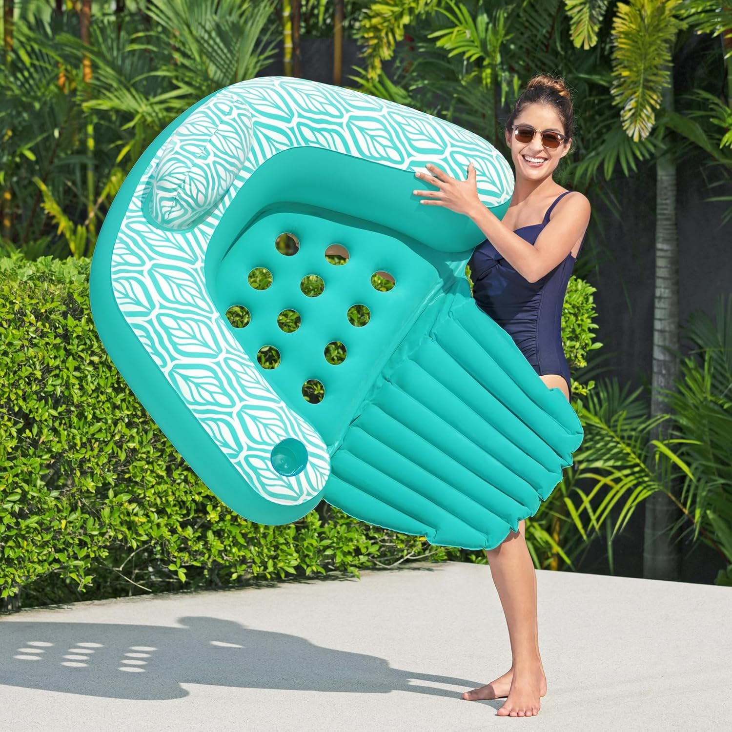 H2O GO Comfort Plush Deluxe Chair Lounge - Teal, 57" x 47", Inflatable Pool Float, Footrest, Cup Holder, Back & Headrest, Air Ventilation, Water Play
