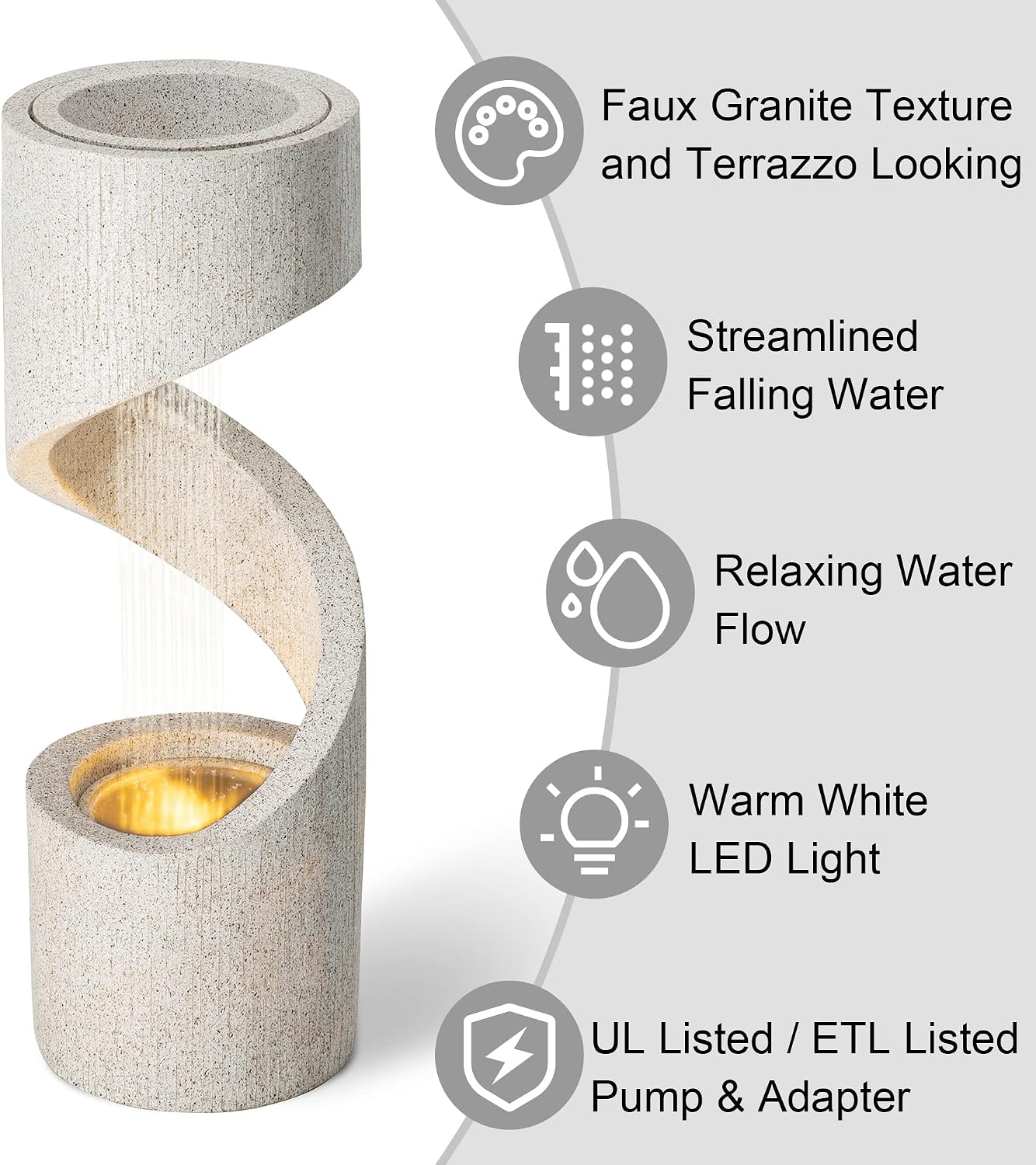 Glitzhome Outdoor Water Fountain with LED Light, Modren Curved Waterfall Fountain with Stone Planter, Faux Terrazzo Spiral Shaped Outdoor Fountains Water Feature for Garden Patio Deck Porch, 40.25”H