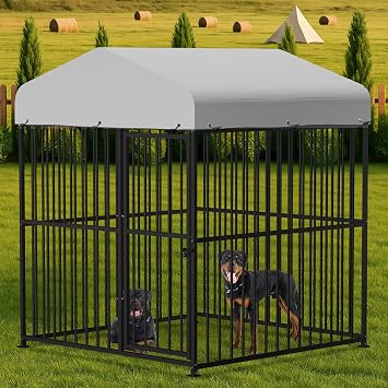 VIVIJASON 6 x 6 x 6 Ft Large Outdoor Dog Kennel, Heavy Duty Metal Frame Dog Cage with Thickened Bars, UV & Waterproof Cover, Outside Pen Playpen Dog Run House for Large to Small Dogs