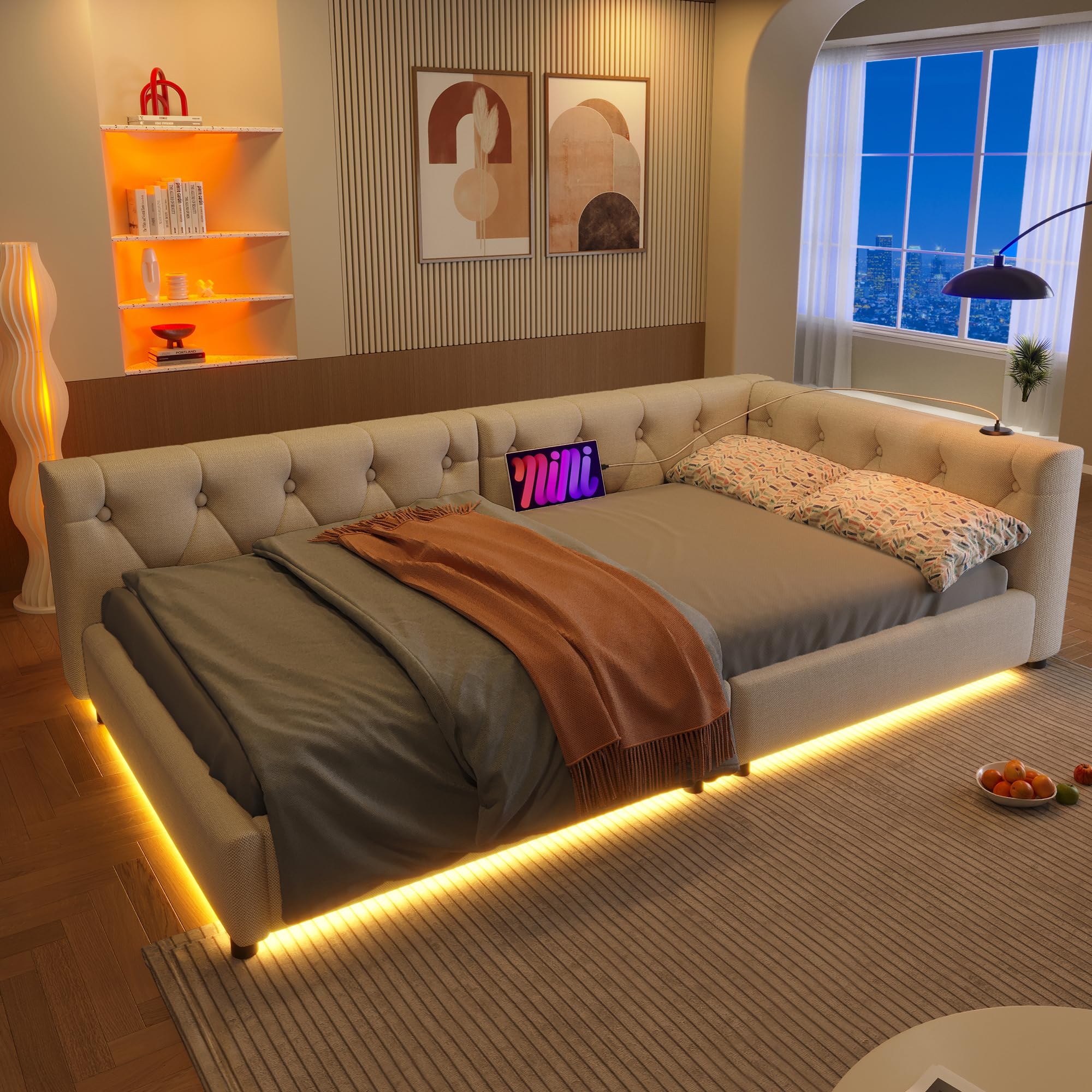 OKMYHOME Łóżko ławkowe 90x200 cm - Pikowane łóżko pojedyncze z portami USB typu C i oświetleniem LED - bez materaca - beżowy