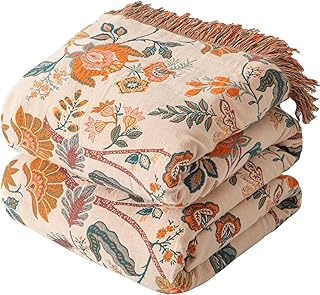 Boho Throw Blanket for Couch Sofa Bed, 100% Cotton Woven Quilt with Tass...