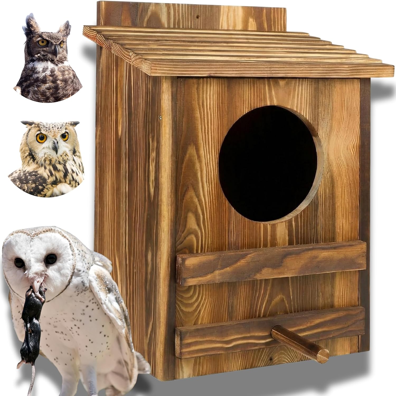 Outdoor Owl House Large Carbonized Cedar Wood Nesting Box Waterproof Ventilated for Wildlife Garden Decoration 9.6" D x 12" W x 16" H Brown