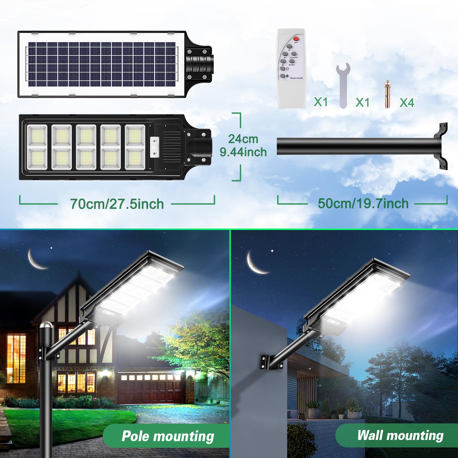 papasbox Lampione Stradale Solare a LED da 500W con Telecomando | Luce di Sicurezza Stradale a Energia Solare 6500K con Sensore di Movimento | Lampione Stradale per Esterni con Luce Solare