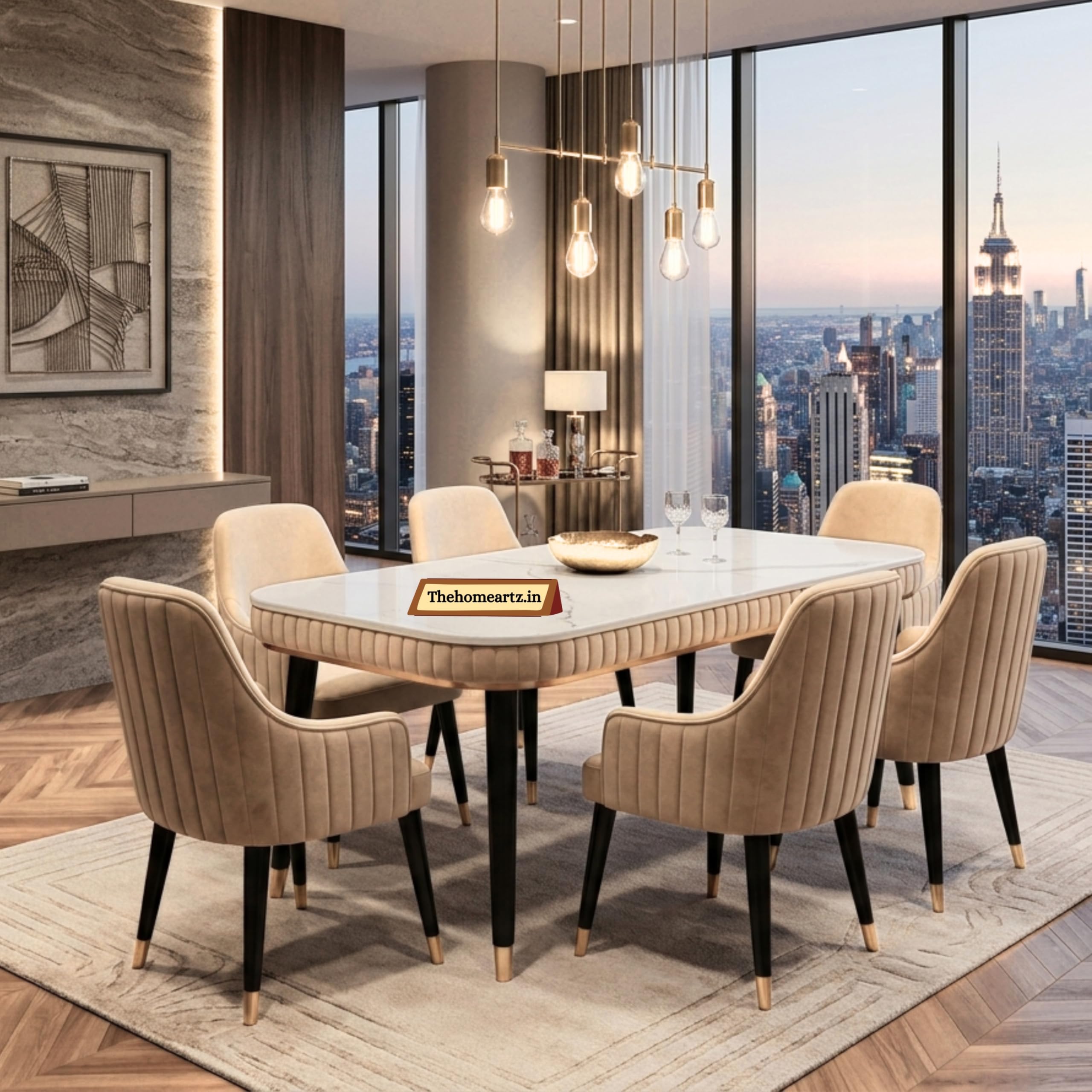 The Homeartz 6-Seater Modern Wooden Dining Table Set | 1 Year Warranty | Created Italian Statuario Marble Top | Elegant Composite Marble Table with 6 Chairs (Beige)