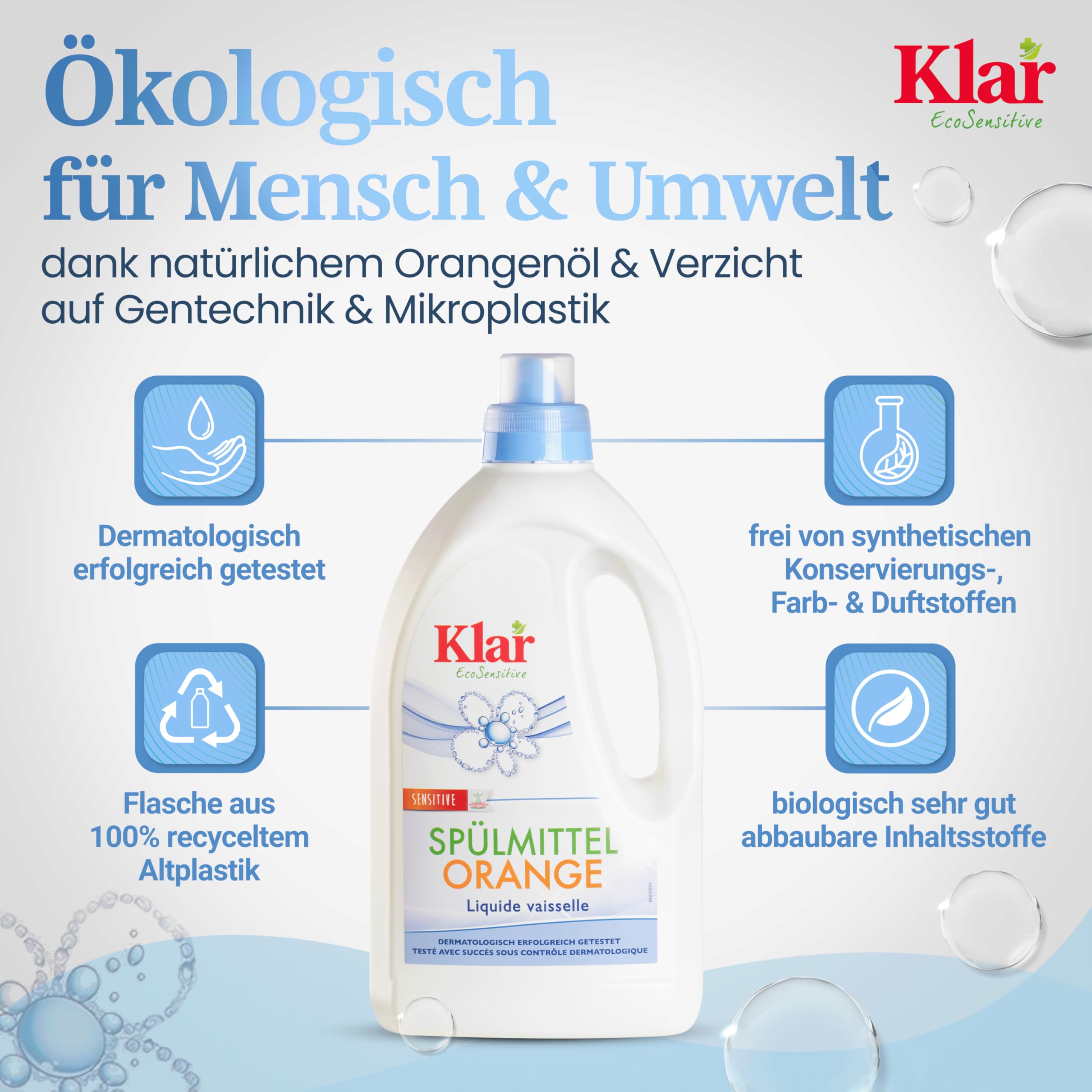 Klar EcoSensitive Spülmittel ORANGE, 1,5l - Spüli mit hoher Fettlösekraft