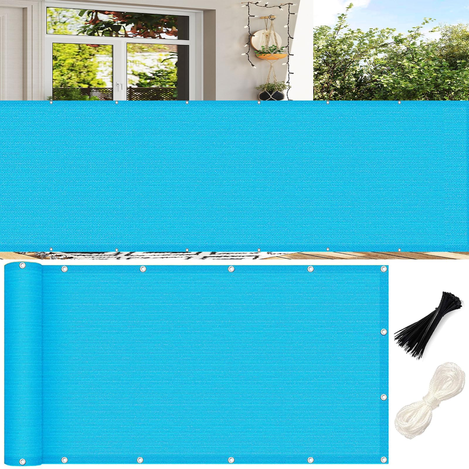 Brise vue 80x880 cm en HDPE bleu ciel avec attaches pour balcon