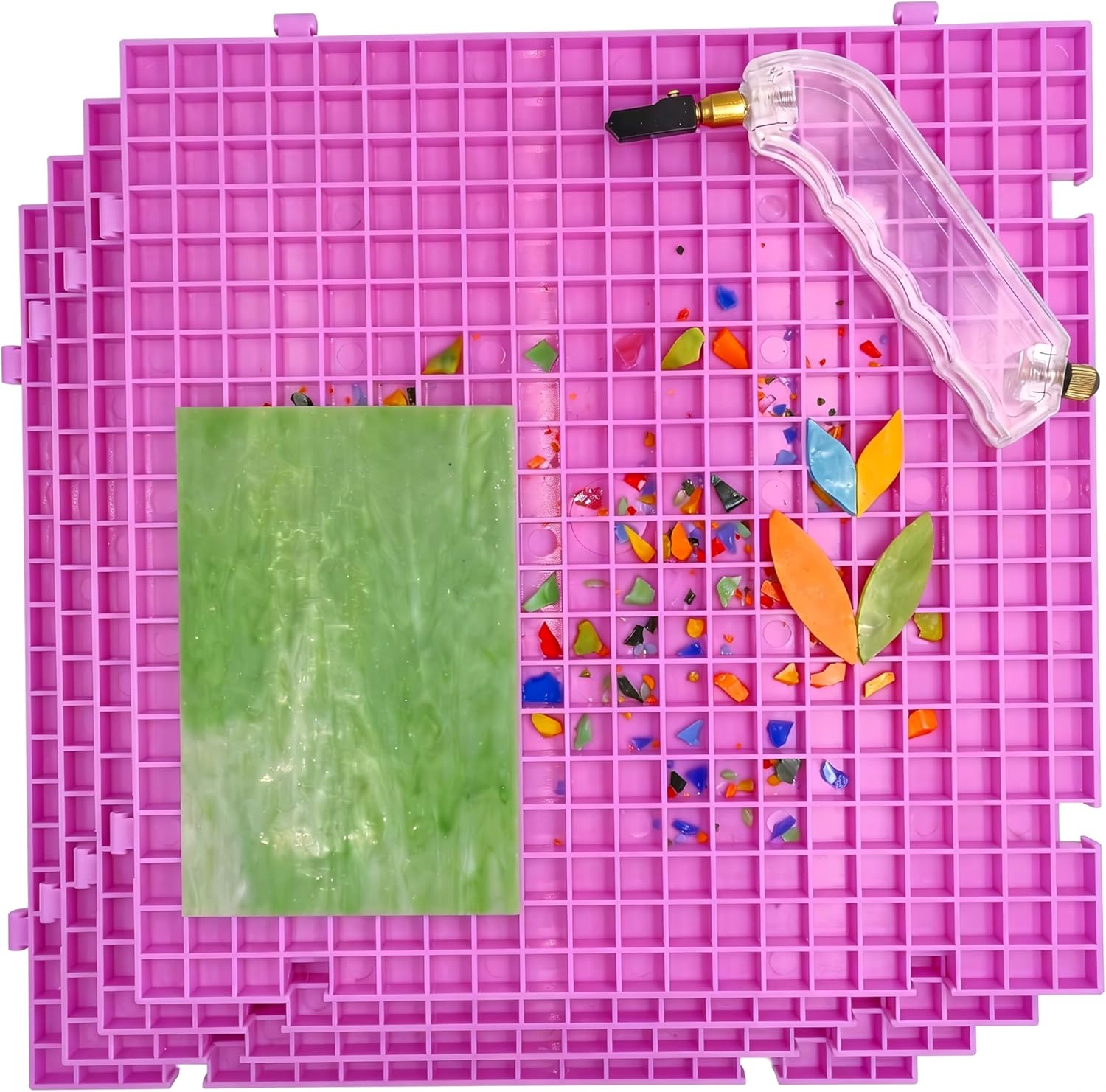 4 PCS Stained Glass Cutting Mat, Solid Bottom Plastic Grid, 12"x12", Includes Rubber Pads, Breaker Ball, Non-Slip Grip Rings, Ideal for Stained Glass Artists, Hobbyists, Pros. (Purple)