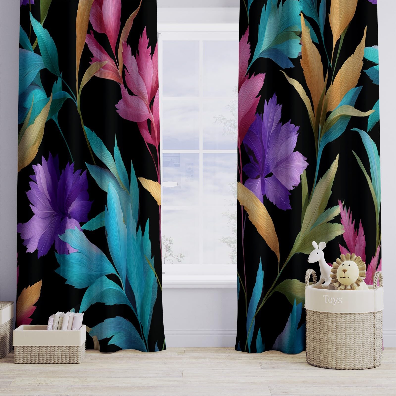 Tende Oscuranti per Interni Piante E Fiori, 70x160 cm (LxA) 2 Pezzi Termica Isolante Poliestere Nero Tenda della Finestra per Soggiorno Camera da Letto Cucina Cameretta Bambina
