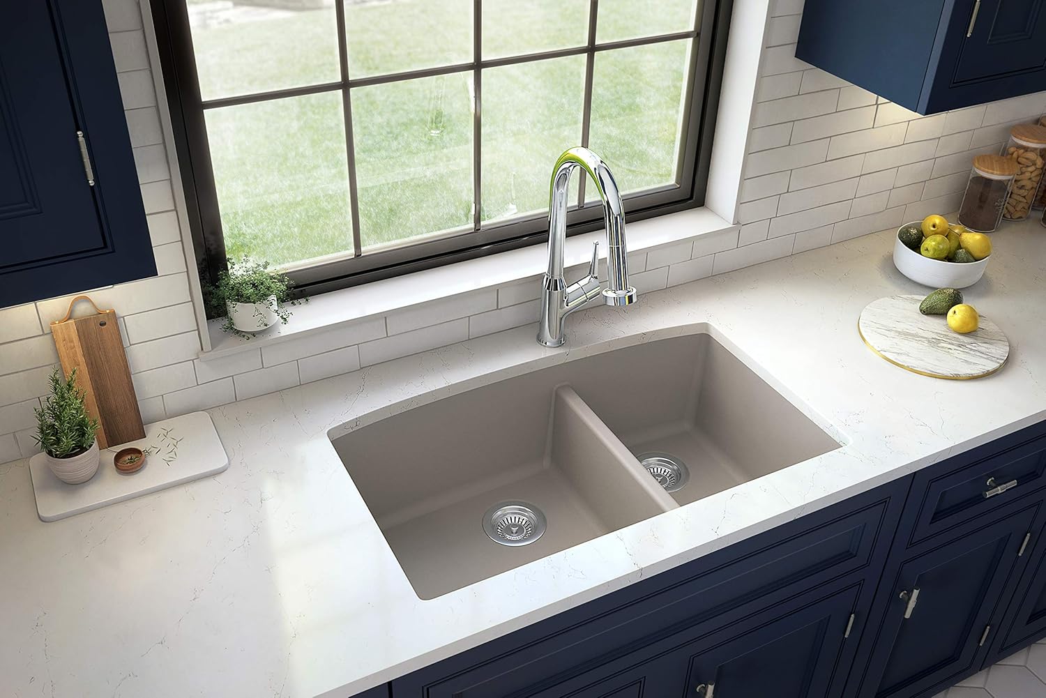 Karran QU-711 Undermount Quartz Composite 32 in. 60/40 Double Bowl Kitchen Sink Kit in Concrete