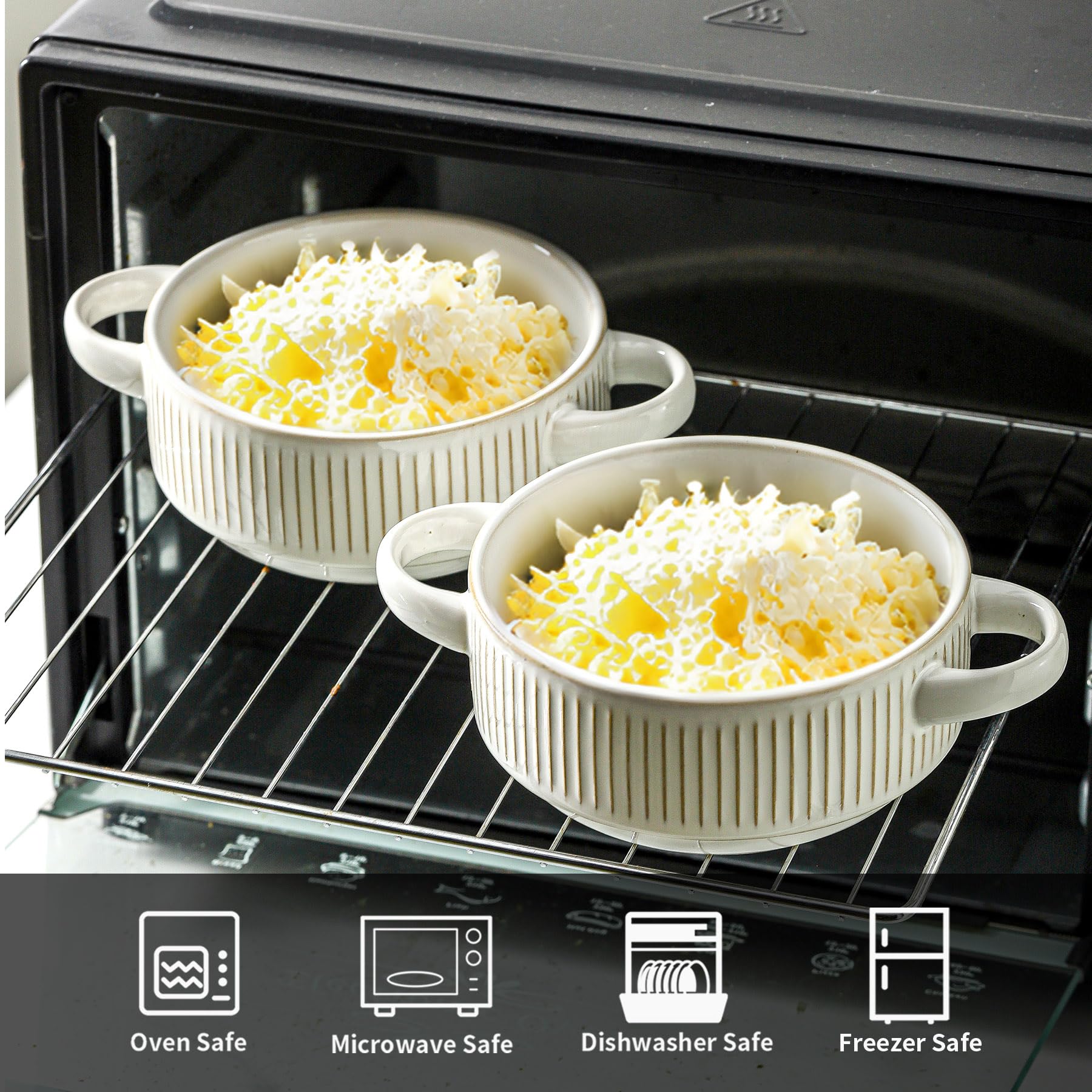 Cuencos de sopa con asas, vasijas de sopa de cebolla francesa de 20 onzas, cuenco de sopa apilable apto para horno para chile, guiso de res, juego de cuencos de cerámica en relieve, 5.4 pulgadas,