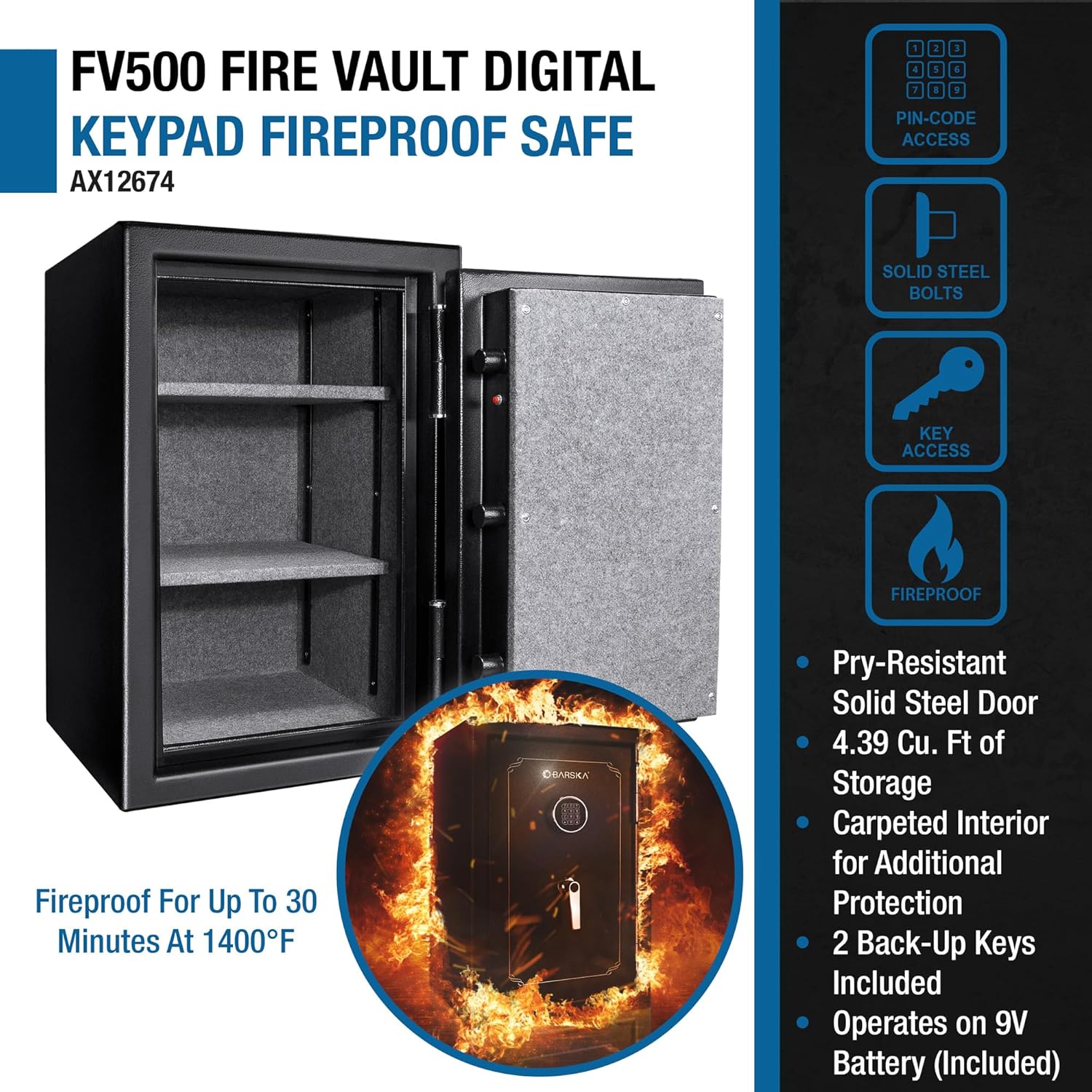 Barska FV500 FireVault Fireproof Safe – 4.39 Cu. Ft, Digital Keypad with Backup Key, Fireproof 30 Min/1400°F, Adjustable Shelves, Steel Deadbolts, Home & Office Security Safe Fire protection safe box